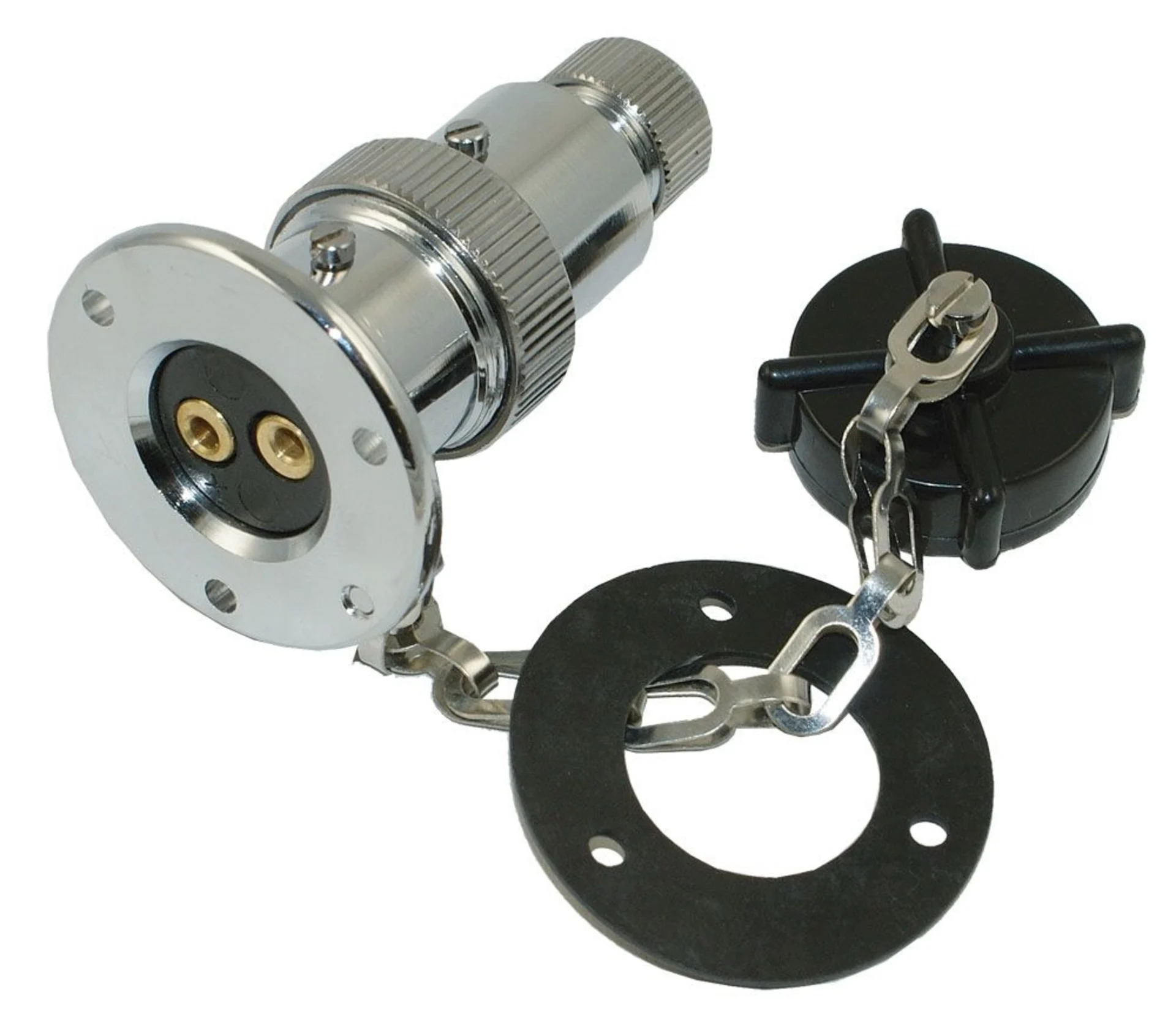 Hella Marine - Stecker und Steckdose 2-pol. Aufbau, mit Deckel+Gummi, verchromt