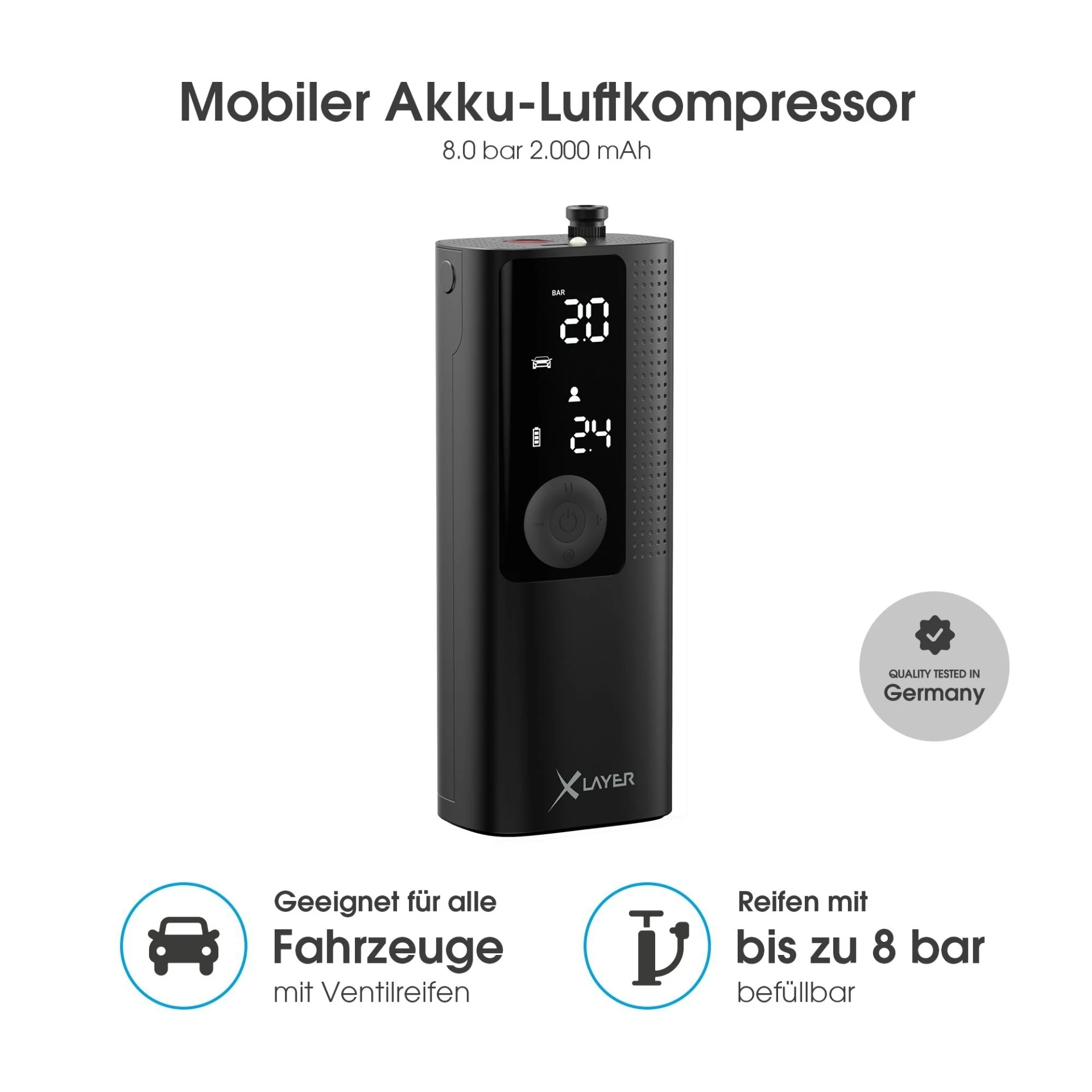 Xlayer Mobiler Akku-Luftkompressor 8.0 bar 2.000 mAh