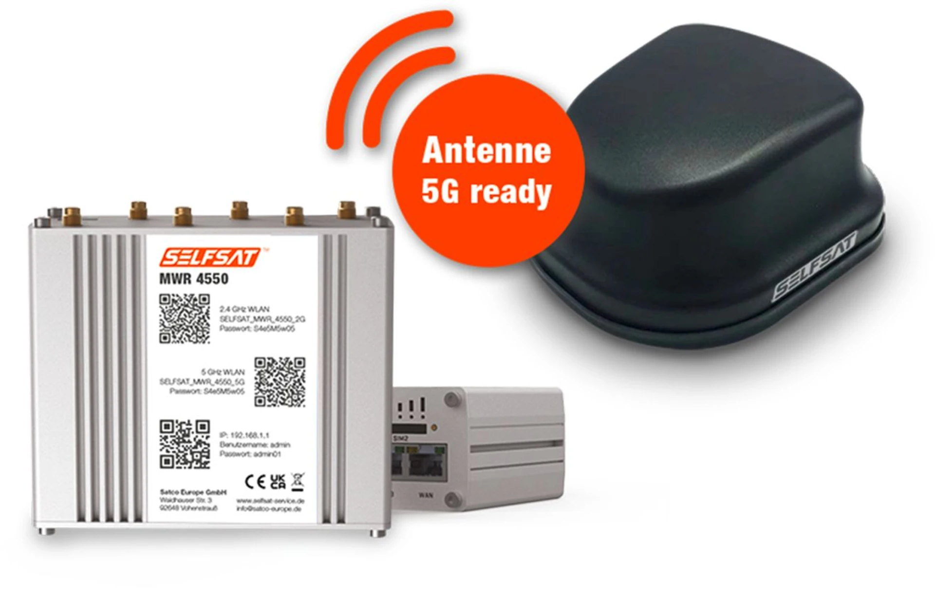 Selfsat 4G / LTE & WLAN Internet Router MWR 4550 Komplettset bis 300 Mbps inkl. 4G / 5G ready Dachantenne schwarz