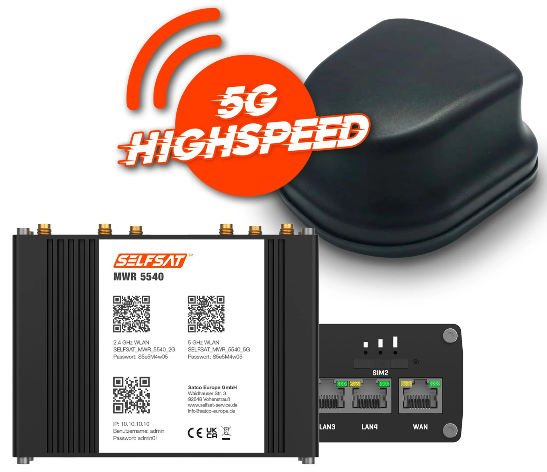 Selfsat 5G Cat 12 WLAN Router MWR 5540 inkl. 5G Antenne bis 2,6 Gbps schwarz Selfsat 5G Cat 12 WLAN Router MWR 5540 inkl. 5G Antenne bis 2,6 Gbps schwarz