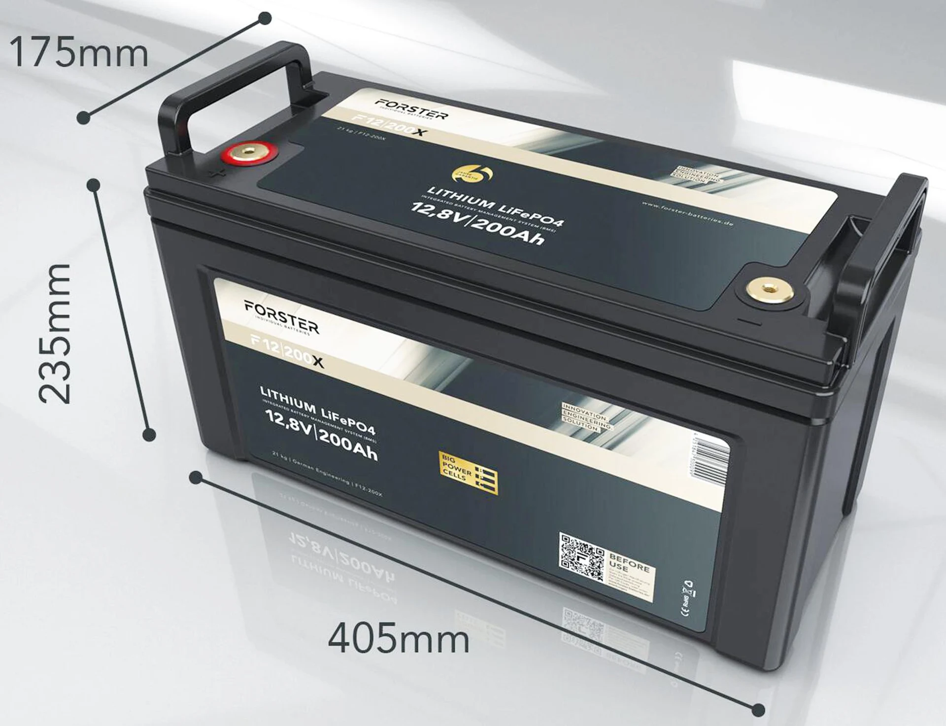 Forster LiFePO4 Lithium-Batterie 12 V 200 Ah High Power 405 x 175 x 235 mm, BMS, 200 A Dauer-Entladestrom