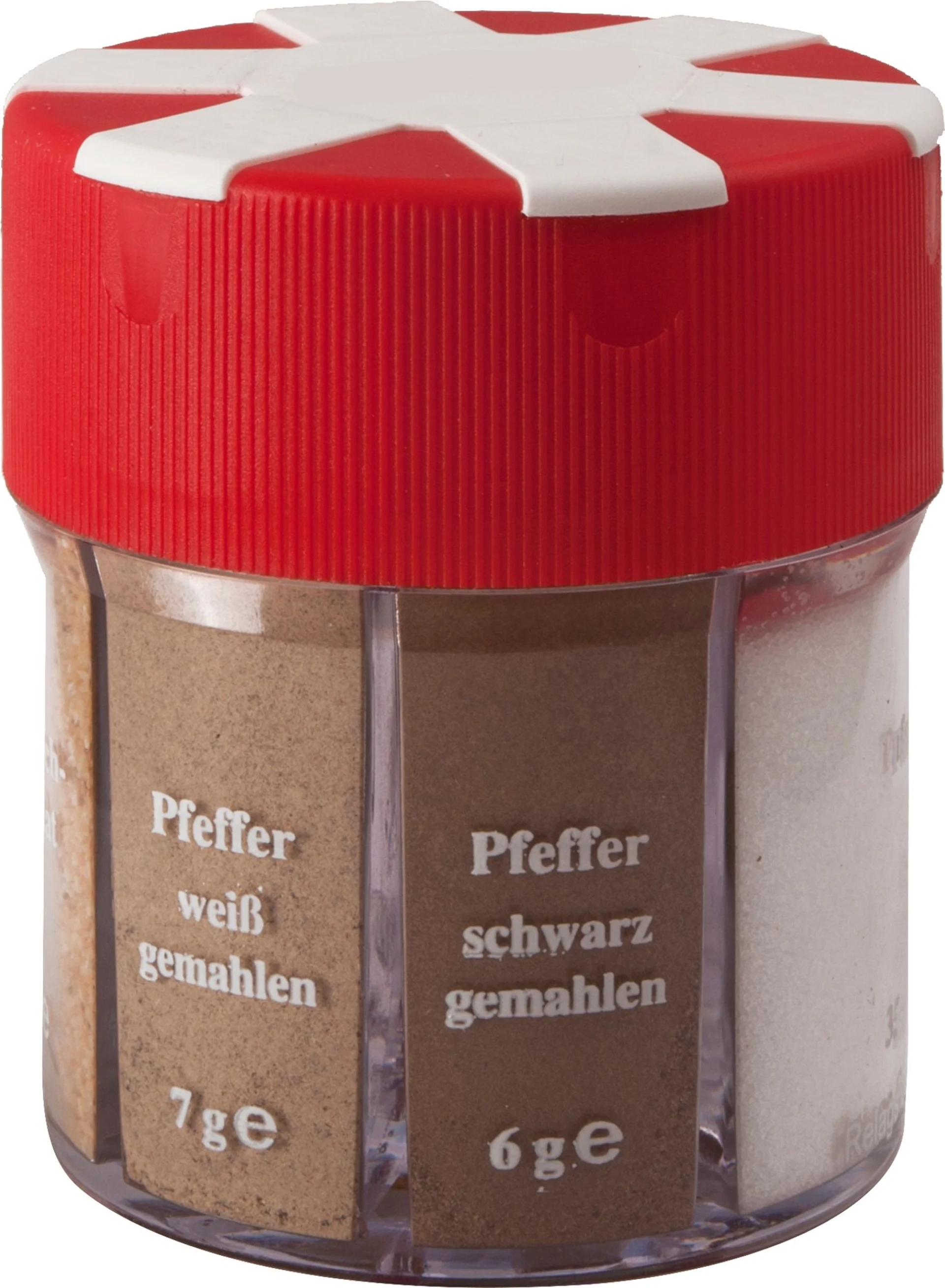 BasicNature Gewürzstreuer 6 in 1 mit Salz / Pfeffer weiß / Pfeffer schwarz / Paprika / Curry / Knoblauch