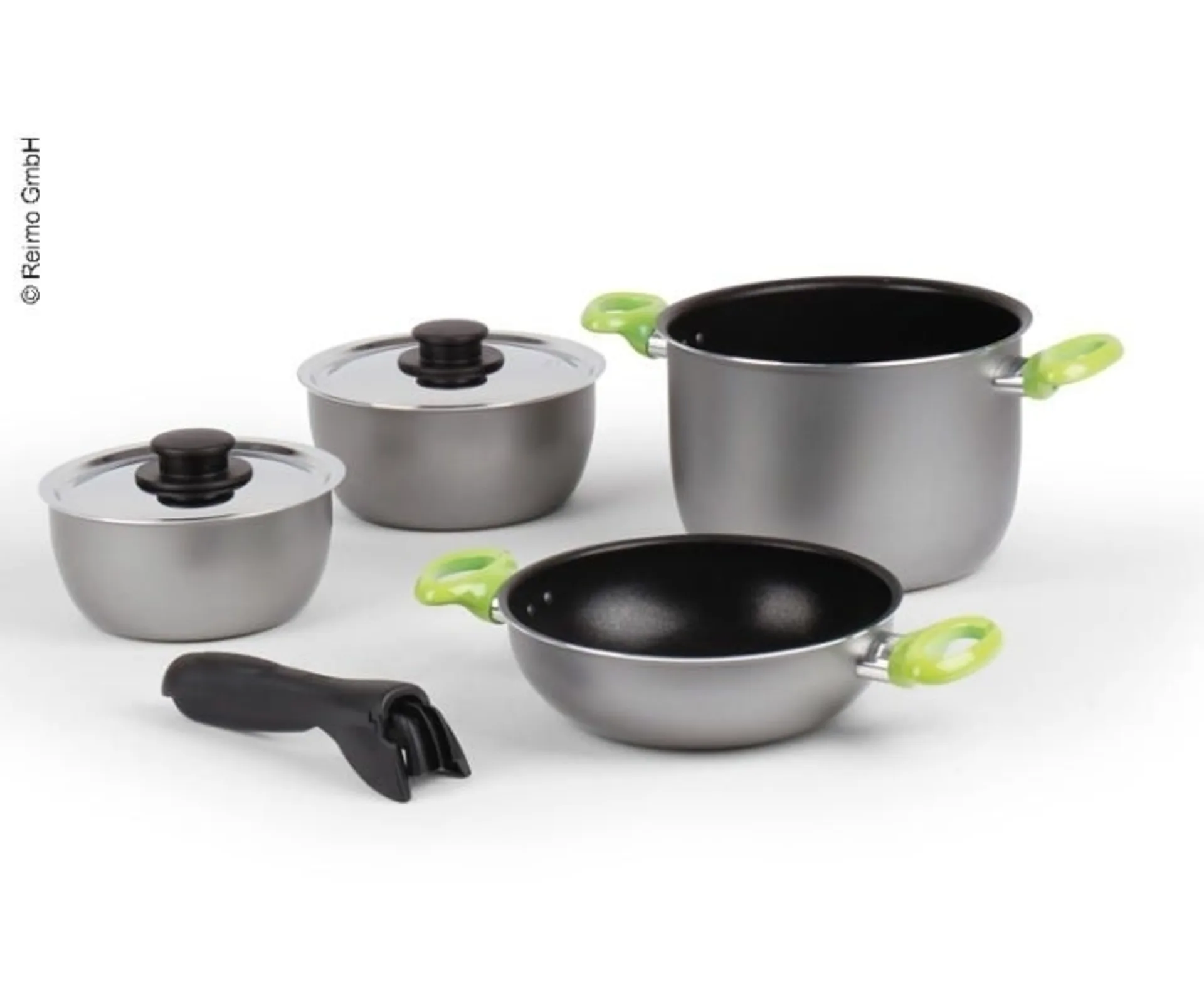 Alu-Topfset 7-teilig silber mit grünen Griffen
