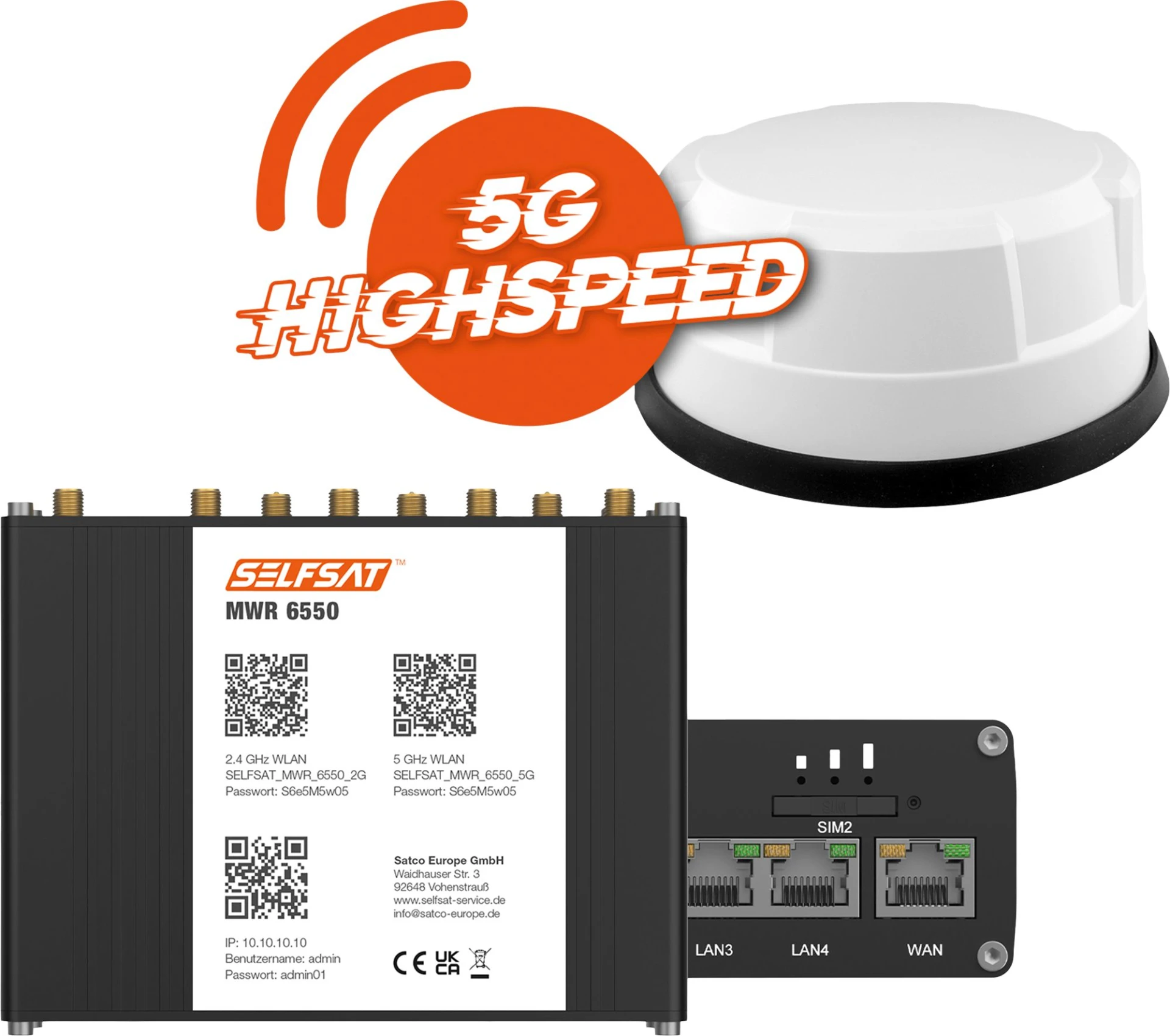 Selfsat 5G Cat 20 WiFi 6 WLAN Router MWR 6550 bis 3,4 Gbps inkl. Panorama Antenne weiß Selfsat 5G Cat 20 WiFi 6 WLAN Router MWR 6550 bis 3,4 Gbps inkl. Panorama Antenne weiß