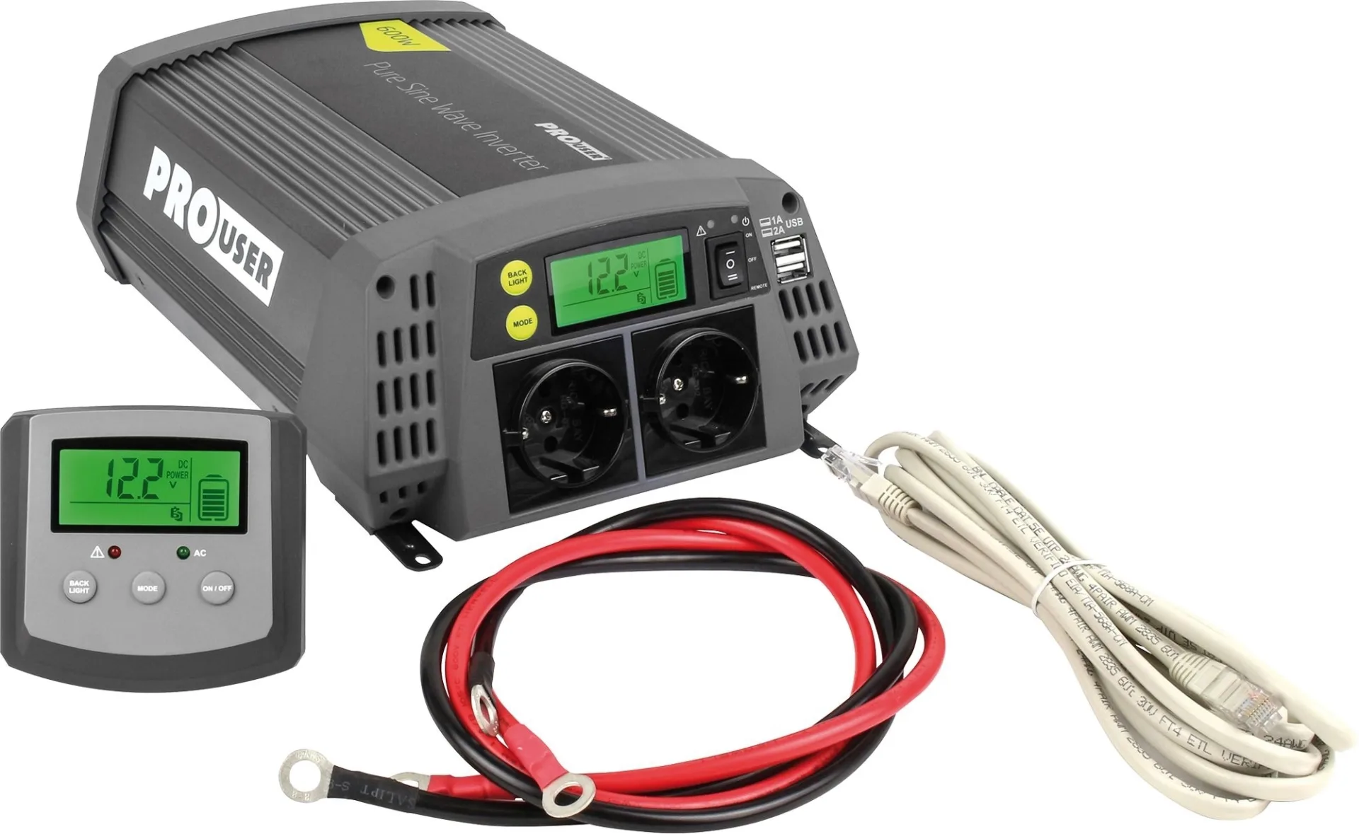 ProUser PSI600 Wechselrichter Reine Sinusspannung 12 V auf 230 V mit LCD Anzeige 60 A 600 W