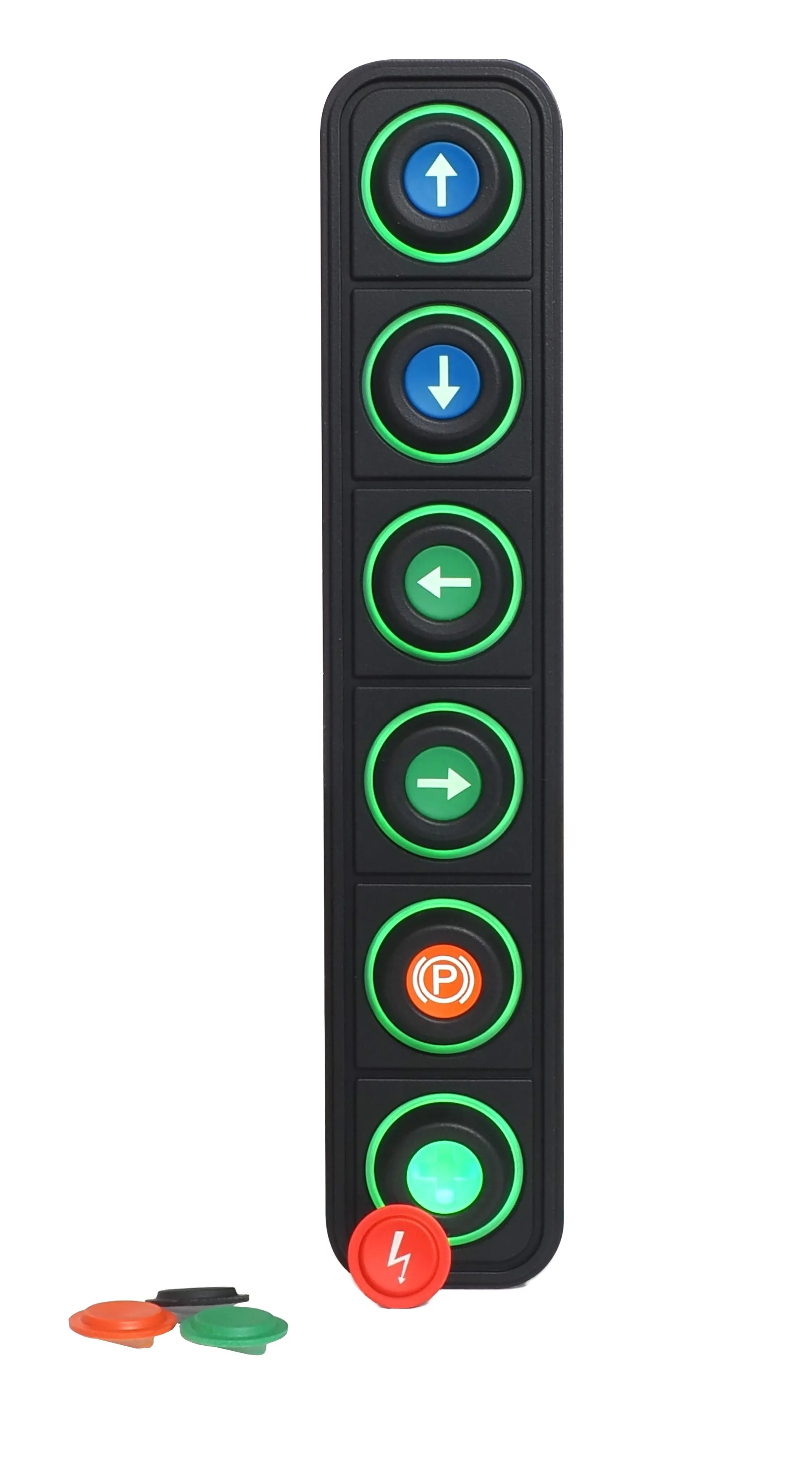 Clavier à 6 touches (1x6), CAN, connecteur allemand - 12 / 24 V IP67, inserts de symboles configurables 15 mm Clavier à 6 touches (1x6), CAN, connecteur allemand - 12 / 24 V IP67, inserts de symboles configurables 15 mm