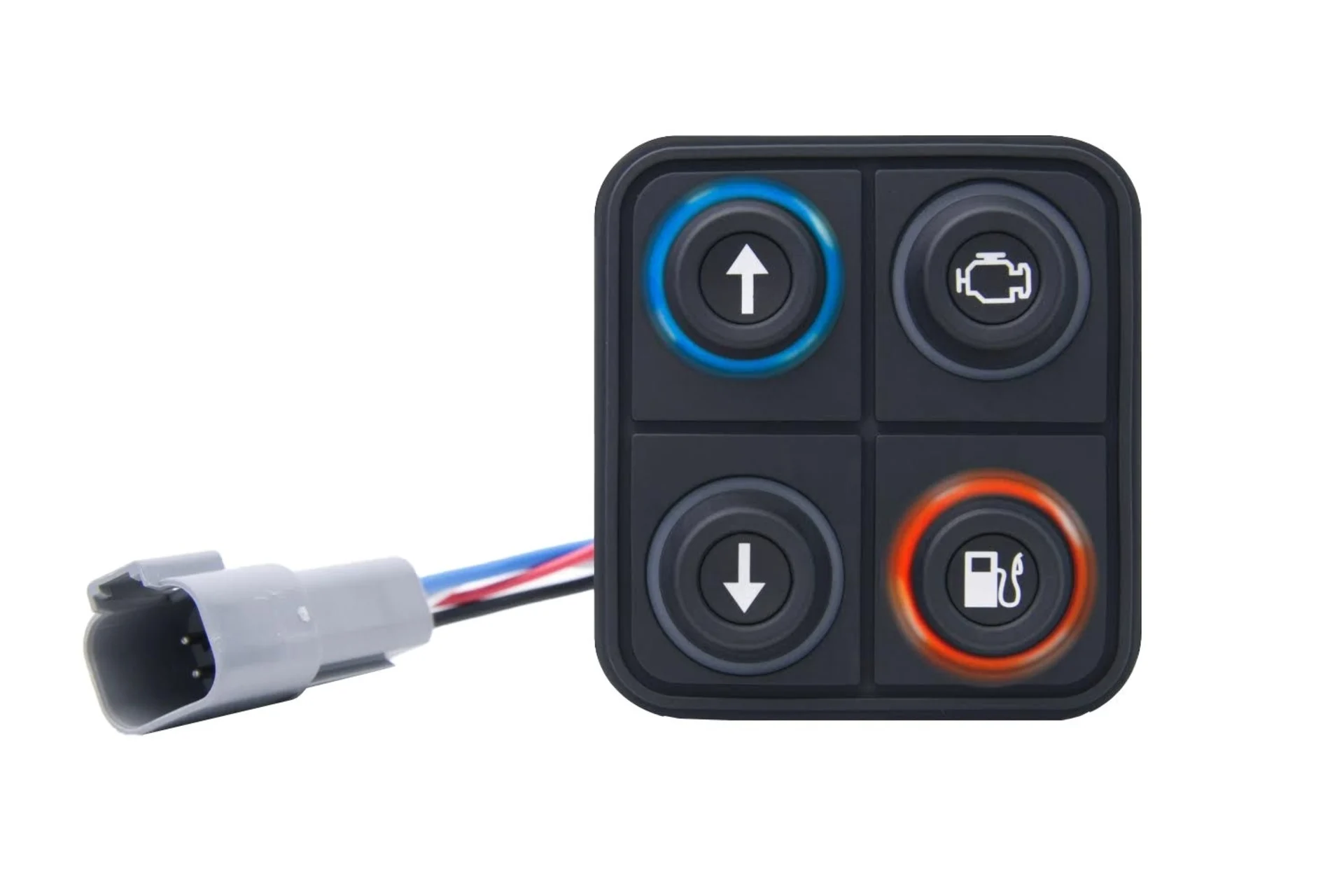 Clavier à 4 touches (2x2), CAN, connecteur allemand - 12 / 24 V IP67, inserts de symboles configurables 15 mm Clavier à 4 touches (2x2), CAN, connecteur allemand - 12 / 24 V IP67, inserts de symboles configurables 15 mm