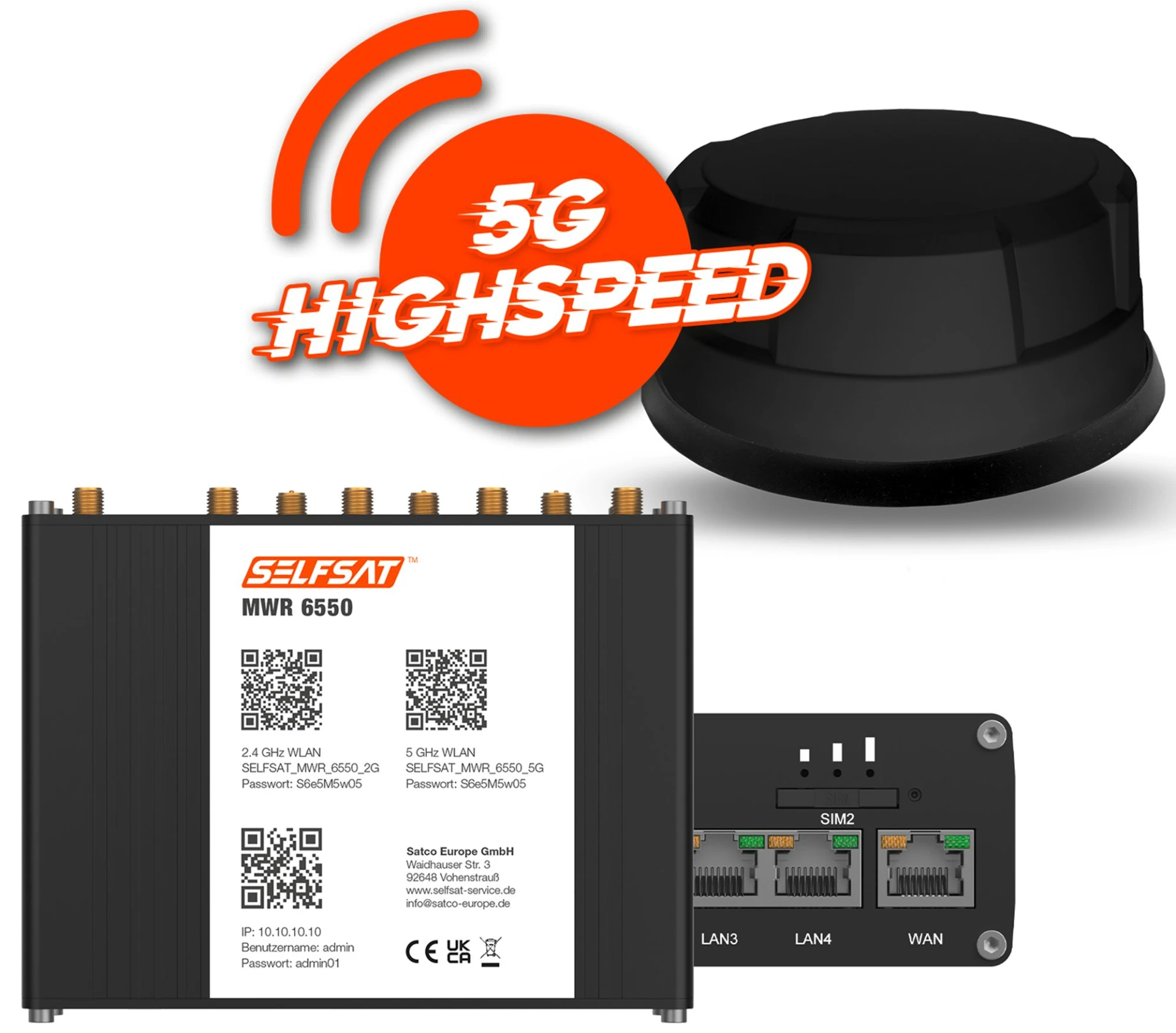 Selfsat 5G Cat 20 WiFi 6 WLAN Router MWR 6550 bis 3,4 Gbps inkl. Panorama Antenne schwarz Selfsat 5G Cat 20 WiFi 6 WLAN Router MWR 6550 bis 3,4 Gbps inkl. Panorama Antenne schwarz