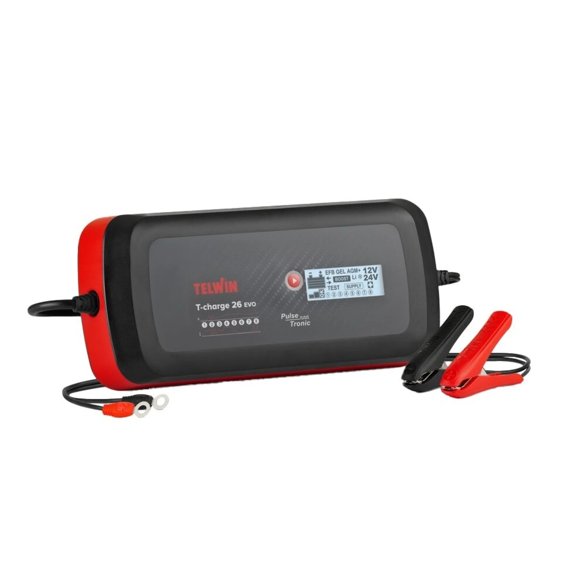 Telwin - Chargeur de batterie T-Charge 26 EVO, 12 / 24 V, 16 / 8 A, 270 x 120 x 67 mm, 12 / 24 V, 16 / 8 A