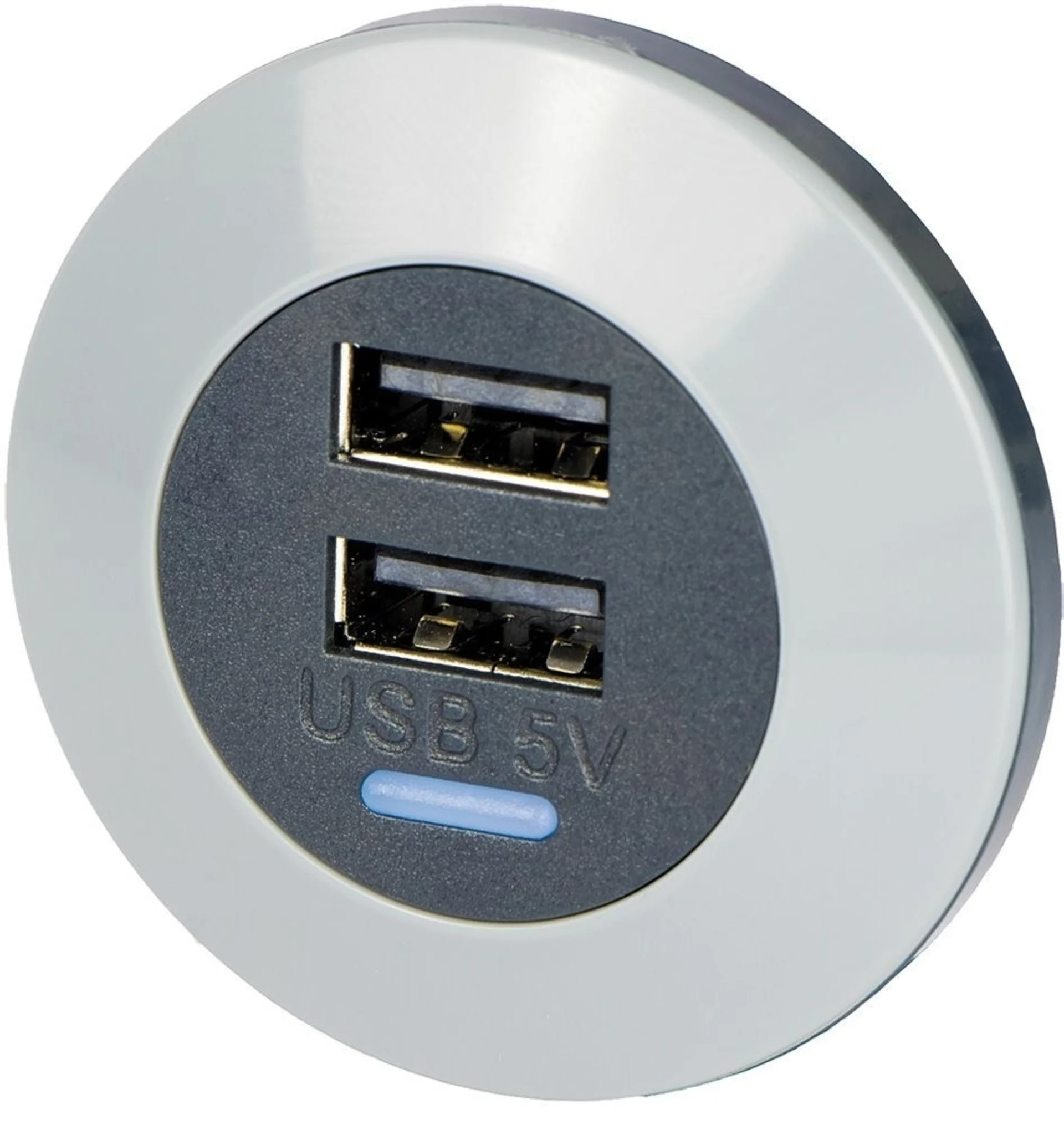 Einbausteckdose Fronteinbau - 2 x USB-A ø 30 mm, 12/24 V --> 3 A, für Apple und Android
