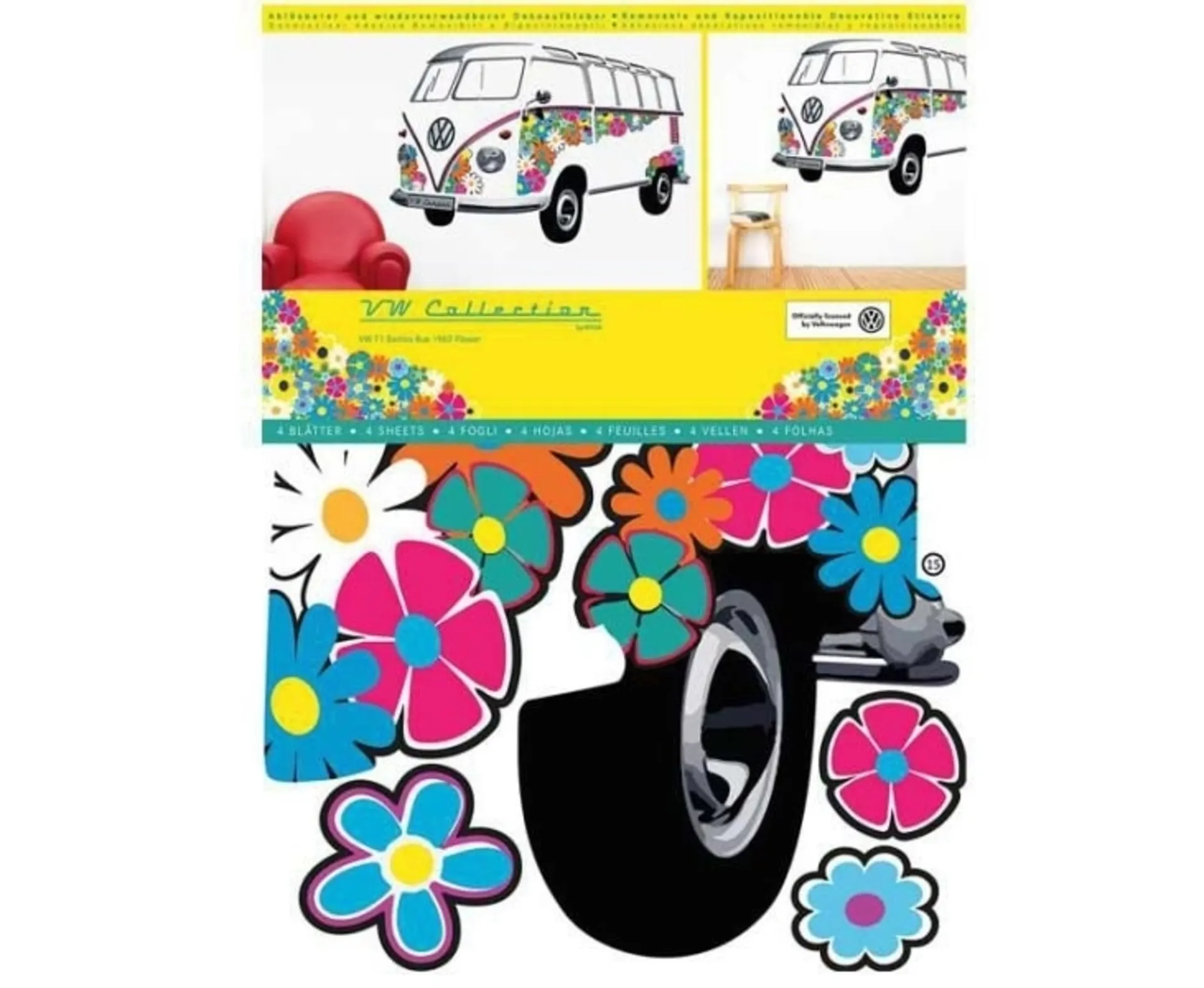 VW Collection T1 Bulli Bus Wandtattoo mit Samba Flower Motiv - Grösse 180 x 120 cm