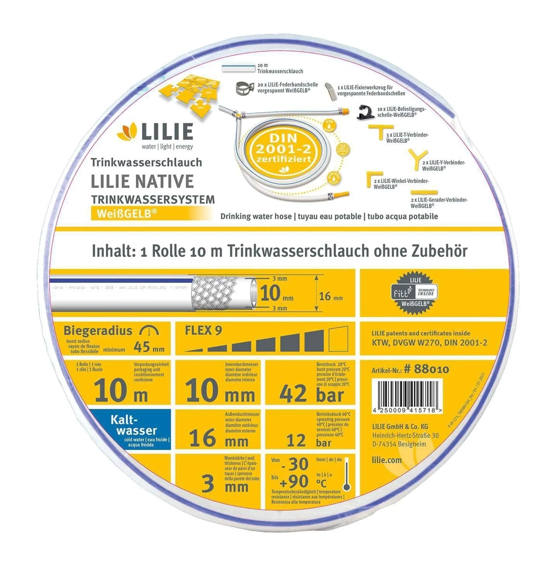 Lilie native 10m Rolle Trinkwasserschlauch 10x16mm - kalt