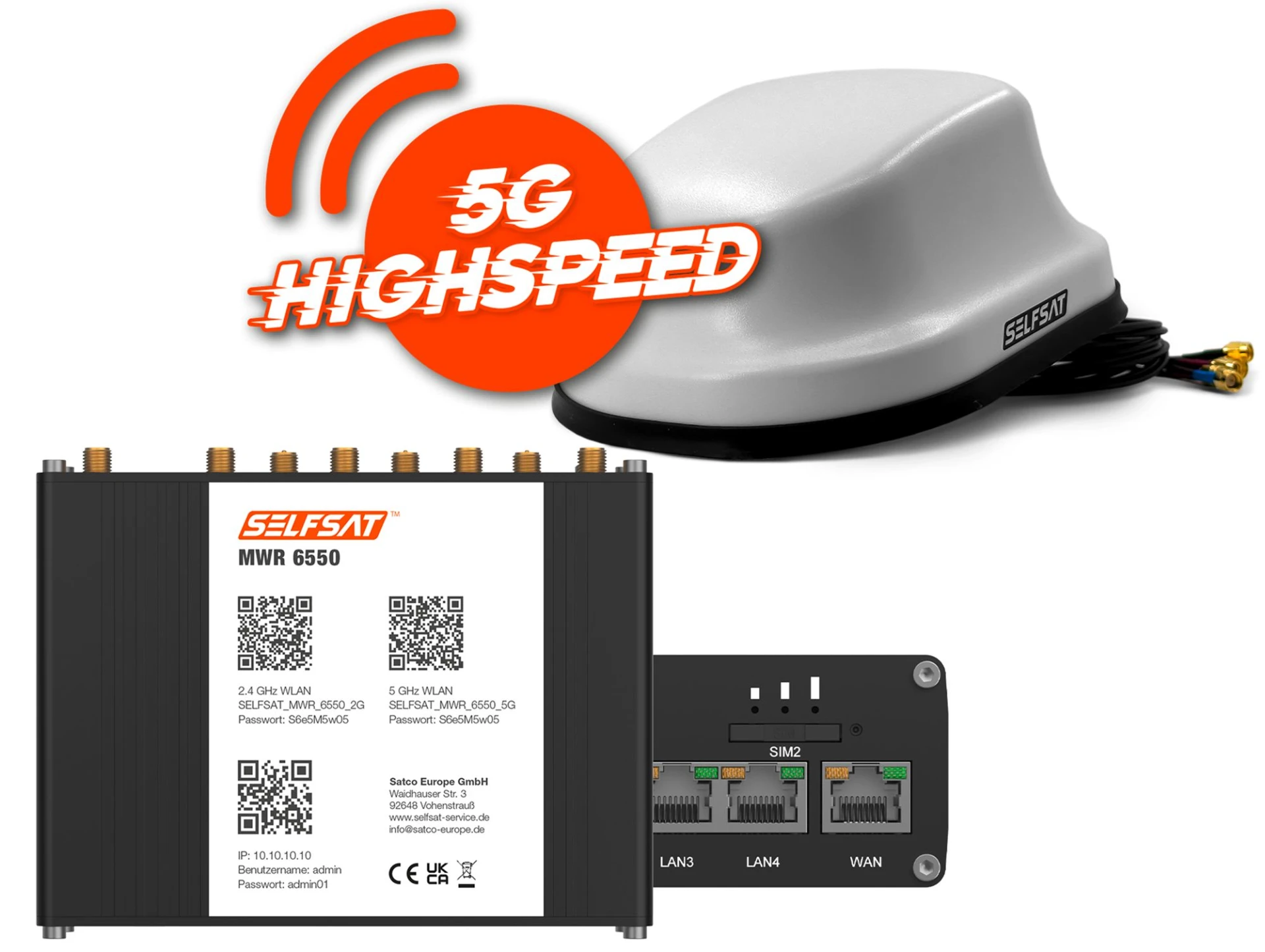 Selfsat 5G Cat 20 WiFi 6 WLAN Router MWR 6550 bis 3,4 Gbps inkl. 5G Antenne weiß