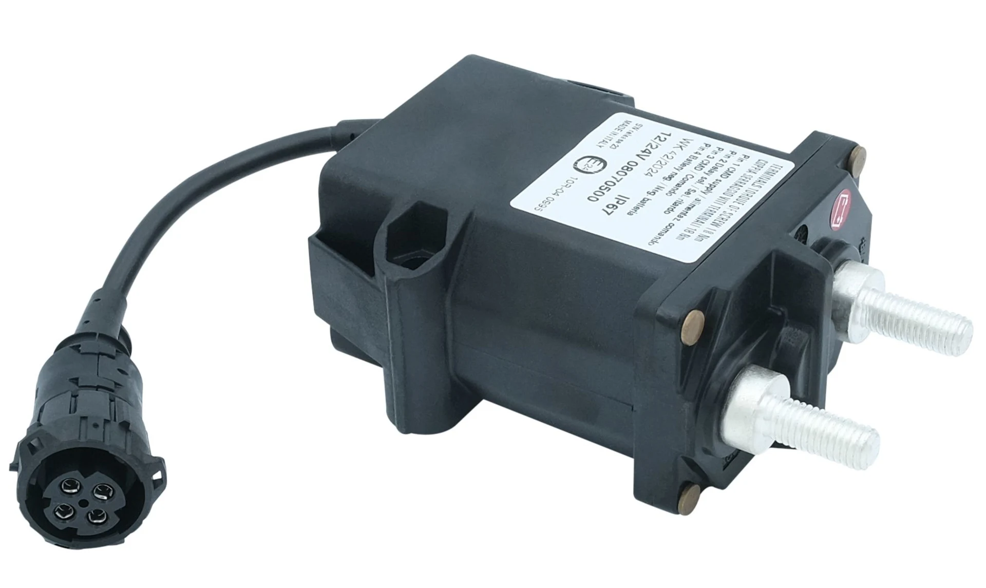 Batterietrennrelais 12/24 V, mit Zeitverzögerung 250 A, IP69K, trennt Pluspol, 0, 30, 300 sec.