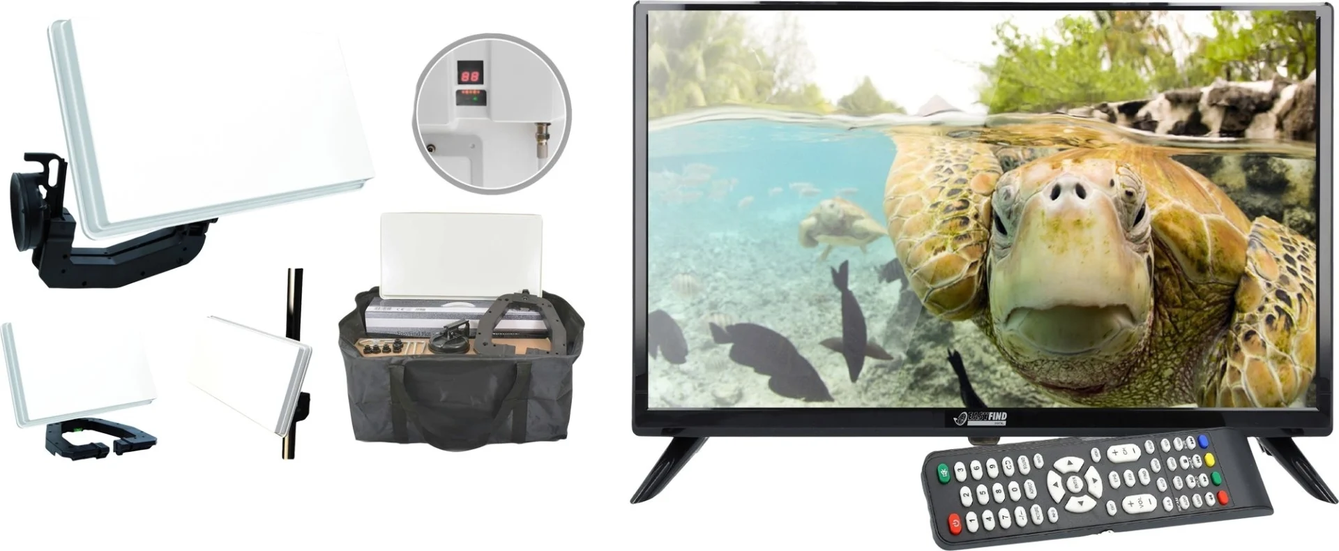 Easyfind Traveller Kit II TV Camping Set Komplettset mit 24 Zoll Mobile Sat-Anlage inkl. 24“ LED Fernseher
