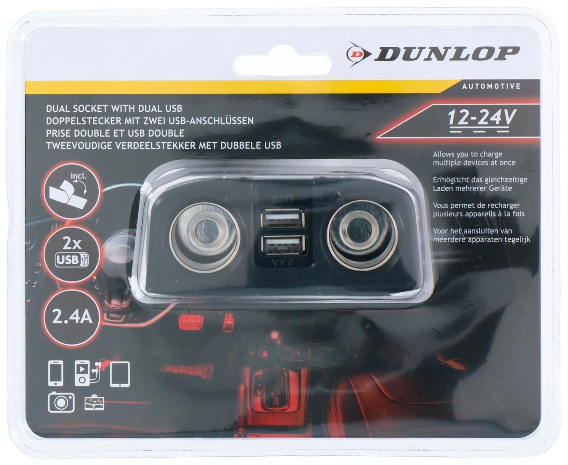Prise Dunlop double 12/24 V avec 2 x USB