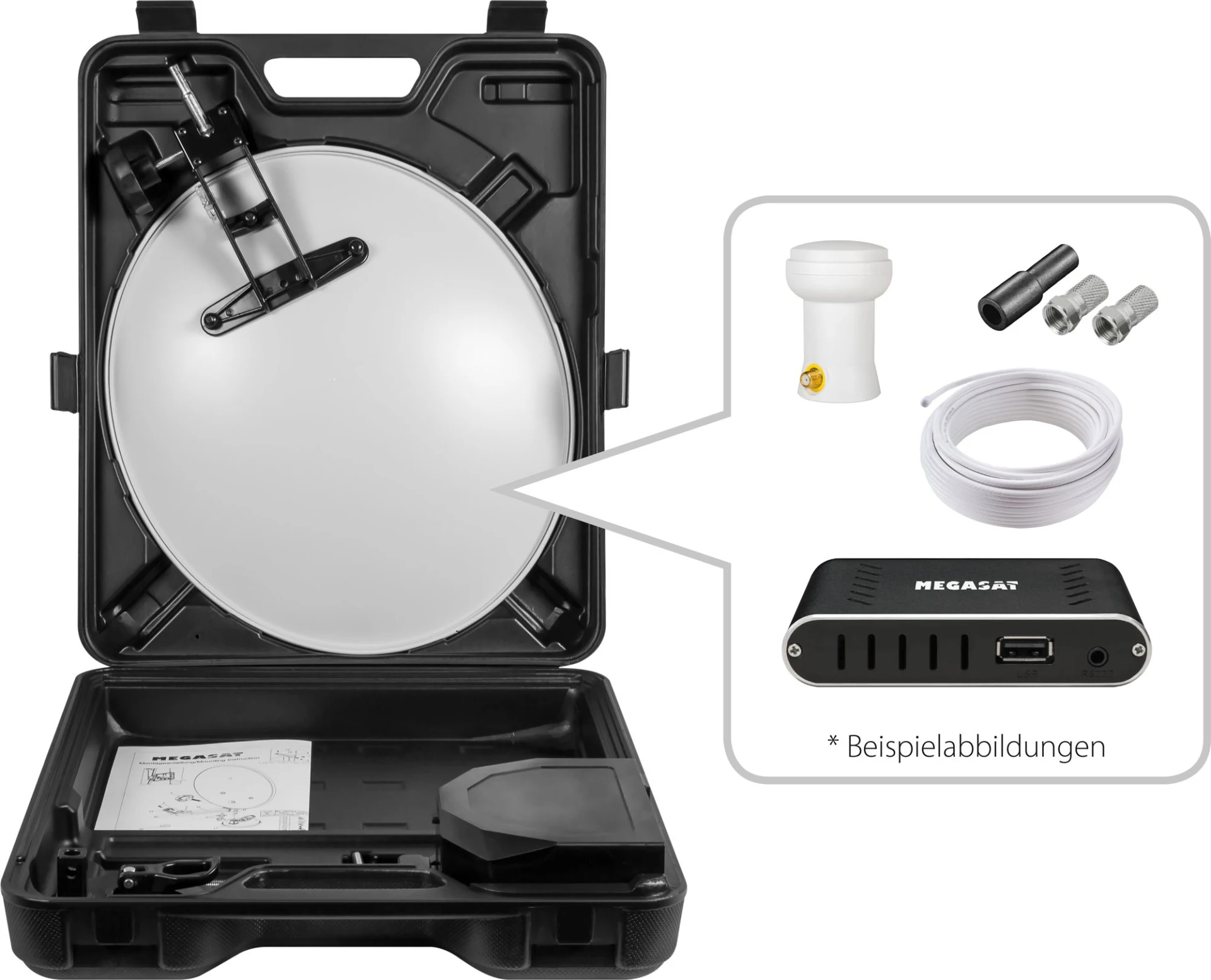 Installation satellite mobile Megasat avec récepteur HD dans une valise de camping
