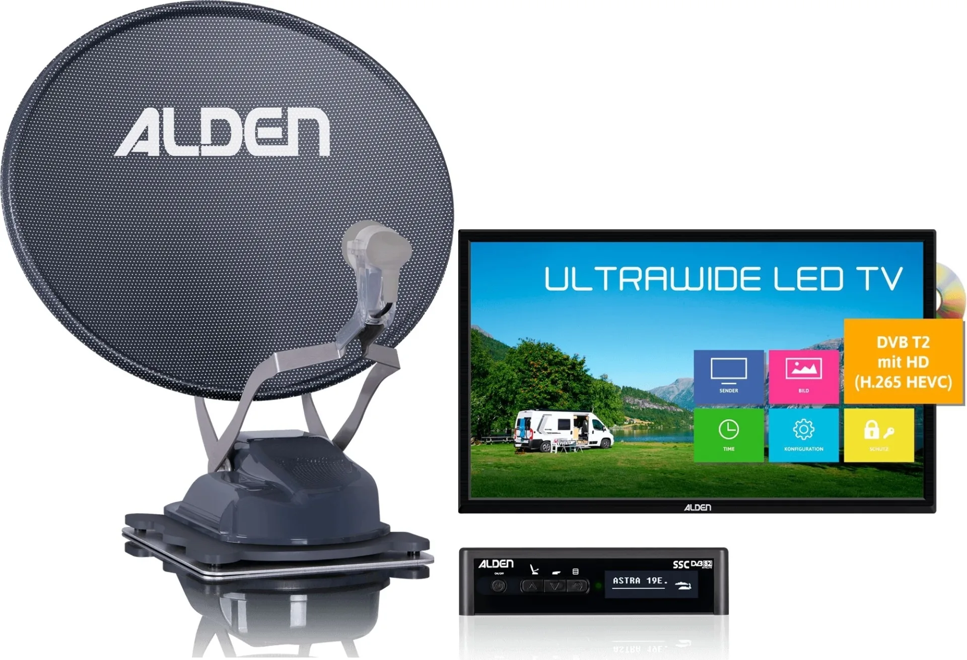 Alden Onelight 60 HD EVO vollautomatische Sat-Anlage mit Ultrawide LED Fernseher 22 Zoll Platinum