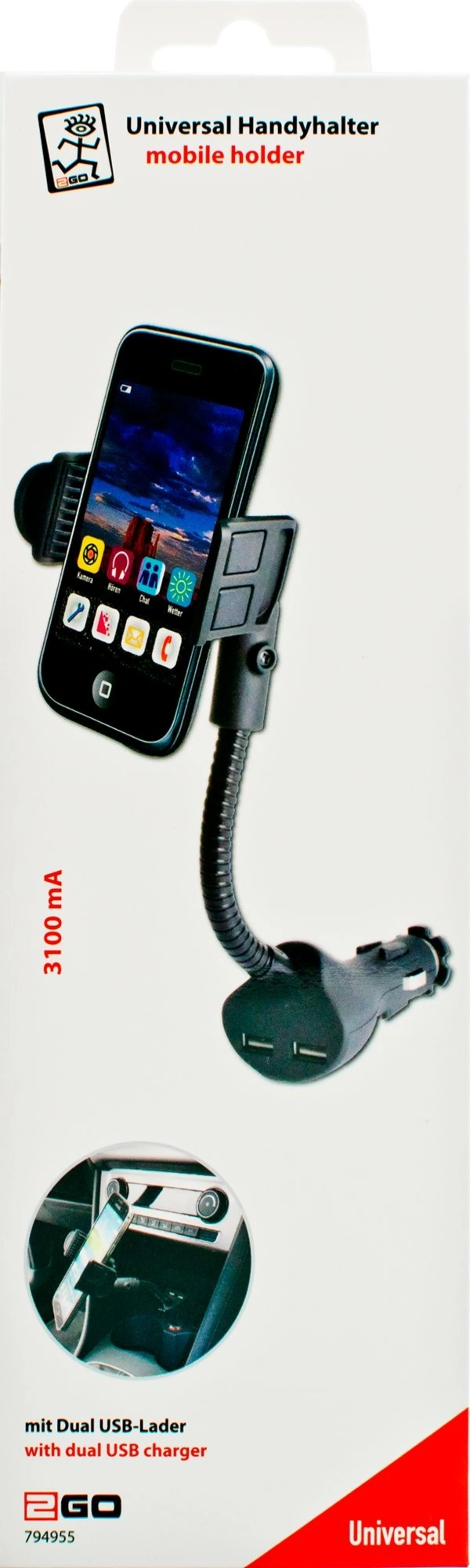 Support passif universel 2GO avec double chargeur USB pour voiture Support passif universel 2GO avec double chargeur USB pour voiture