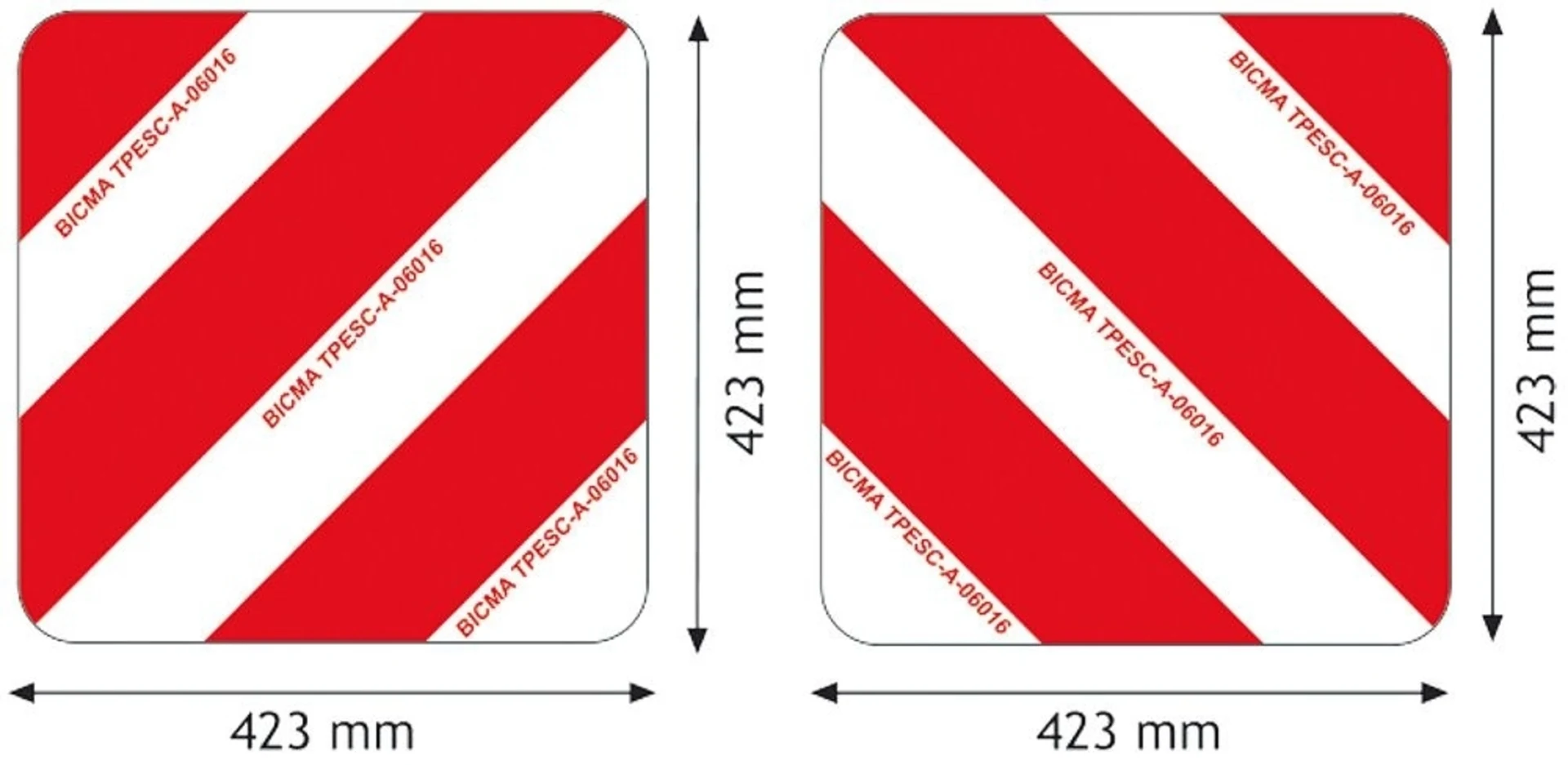 2 x Warntafel alu. rot/weiss beidseitig bedruckt 423 x 423 mm, abgerund. Ecken, DIN11030+TPESC, reflektierend Kl. 1