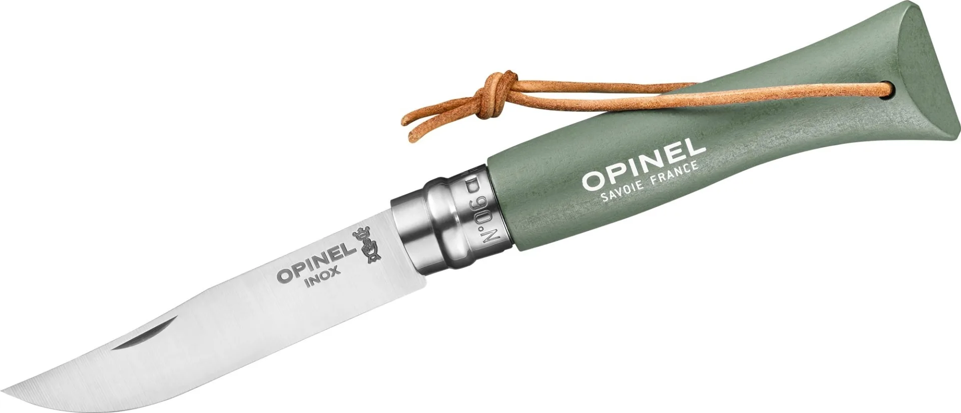 Couteau de poche Opinel N°06 Colorama Art Déco avec cordon en cuir, longueur de lame 7 cm, vert mousse Couteau de poche Opinel N°06 Colorama Art Déco avec cordon en cuir, longueur de lame 7 cm, vert mousse