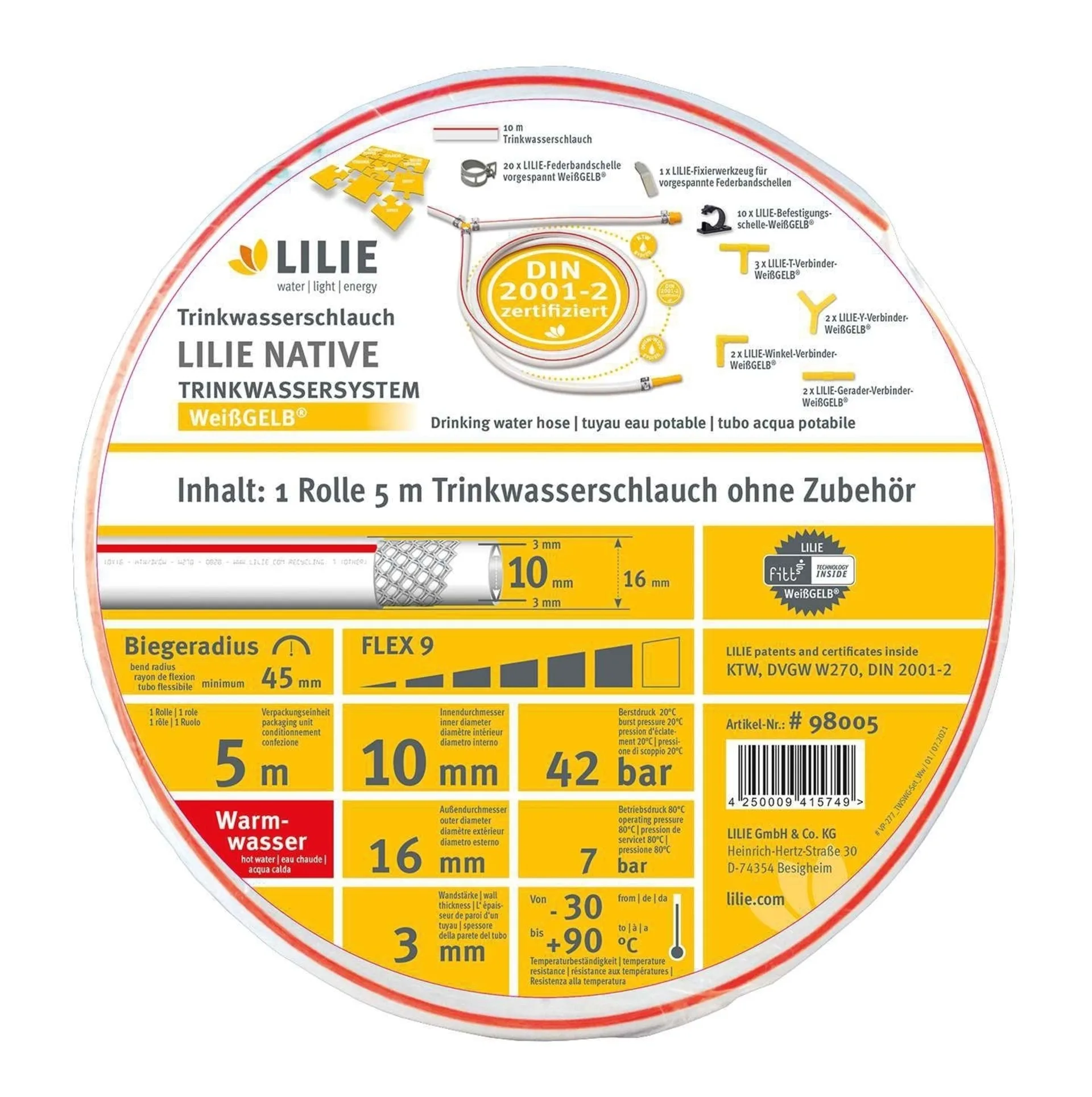 Lilie native 5m Rolle Trinkwasserschlauch 10x16mm - warm