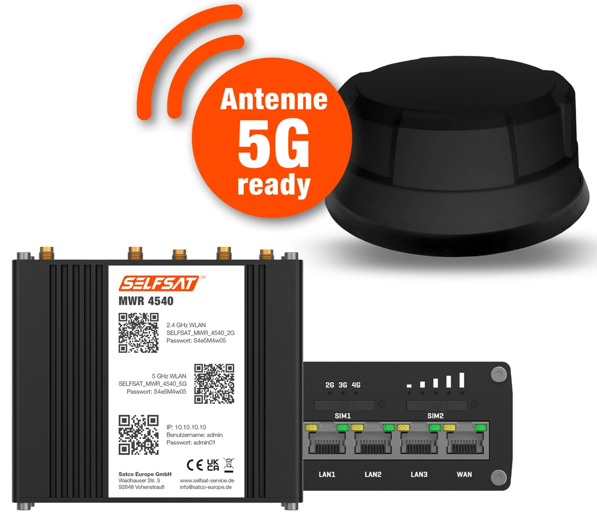 Selfsat 4G Cat 6 WLAN Router MWR 4540 inkl. 5G Panorama Antenne bis 300 Mbps schwarz Selfsat 4G Cat 6 WLAN Router MWR 4540 inkl. 5G Panorama Antenne bis 300 Mbps schwarz