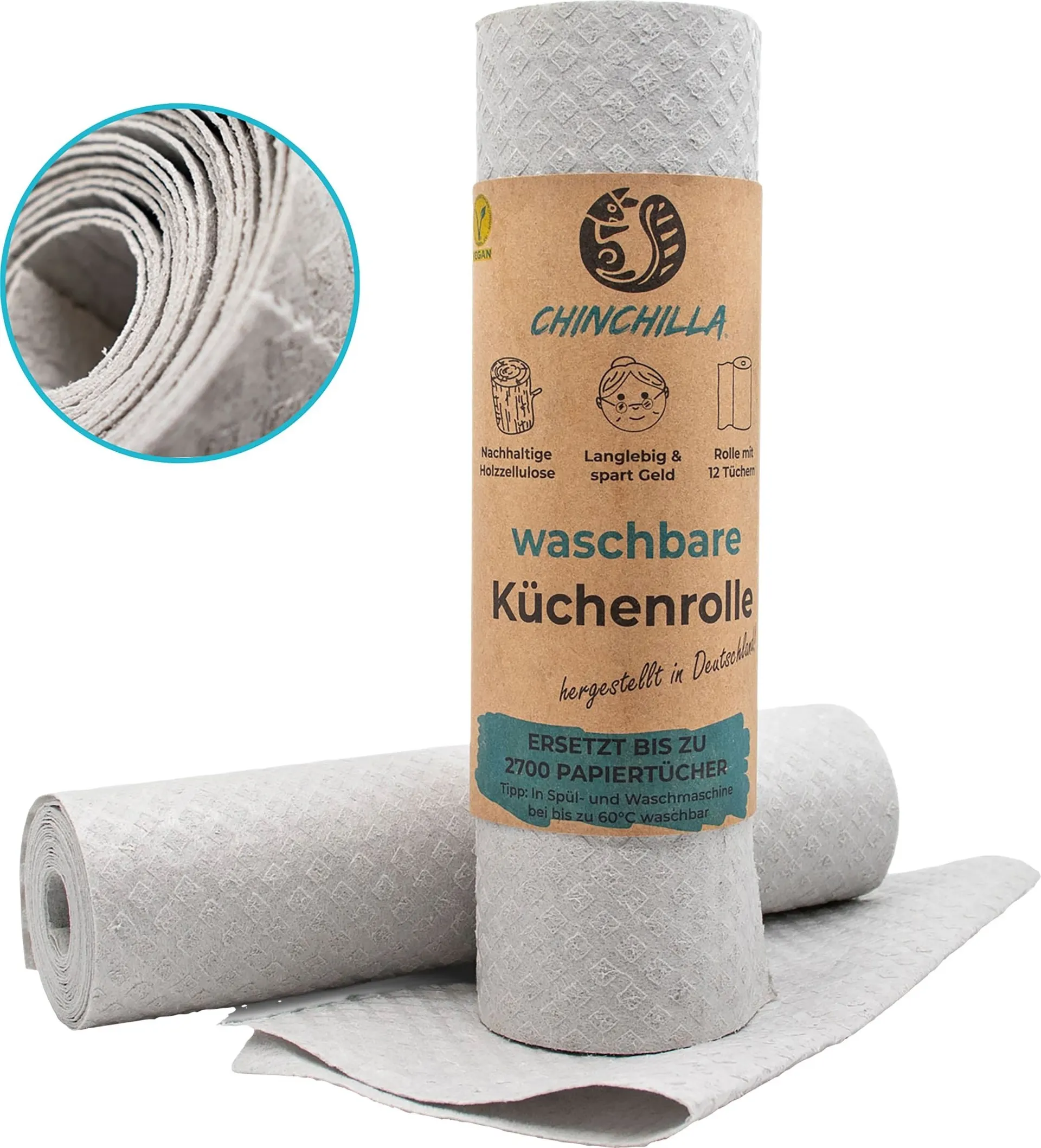 Chinchilla Essuie-tout lavable en cellulose de bois et coton gris