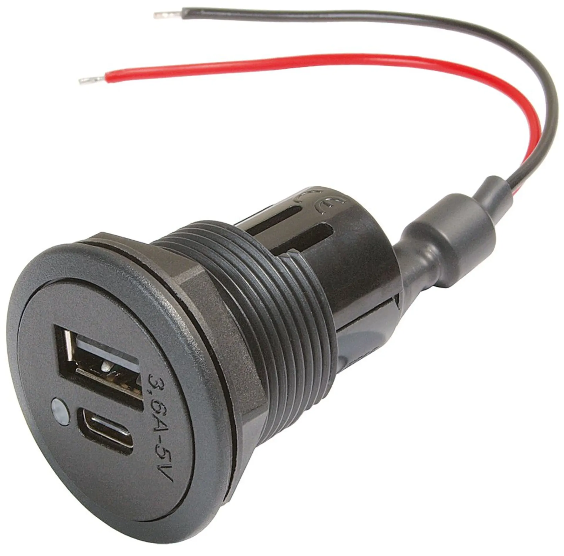 Einbausteckdose - 1 x USB-A und 1 x USB-C ø 27.8, 12/24 V --> 3.6 A Einbausteckdose - 1 x USB-A und 1 x USB-C ø 27.8, 12/24 V --> 3.6 A