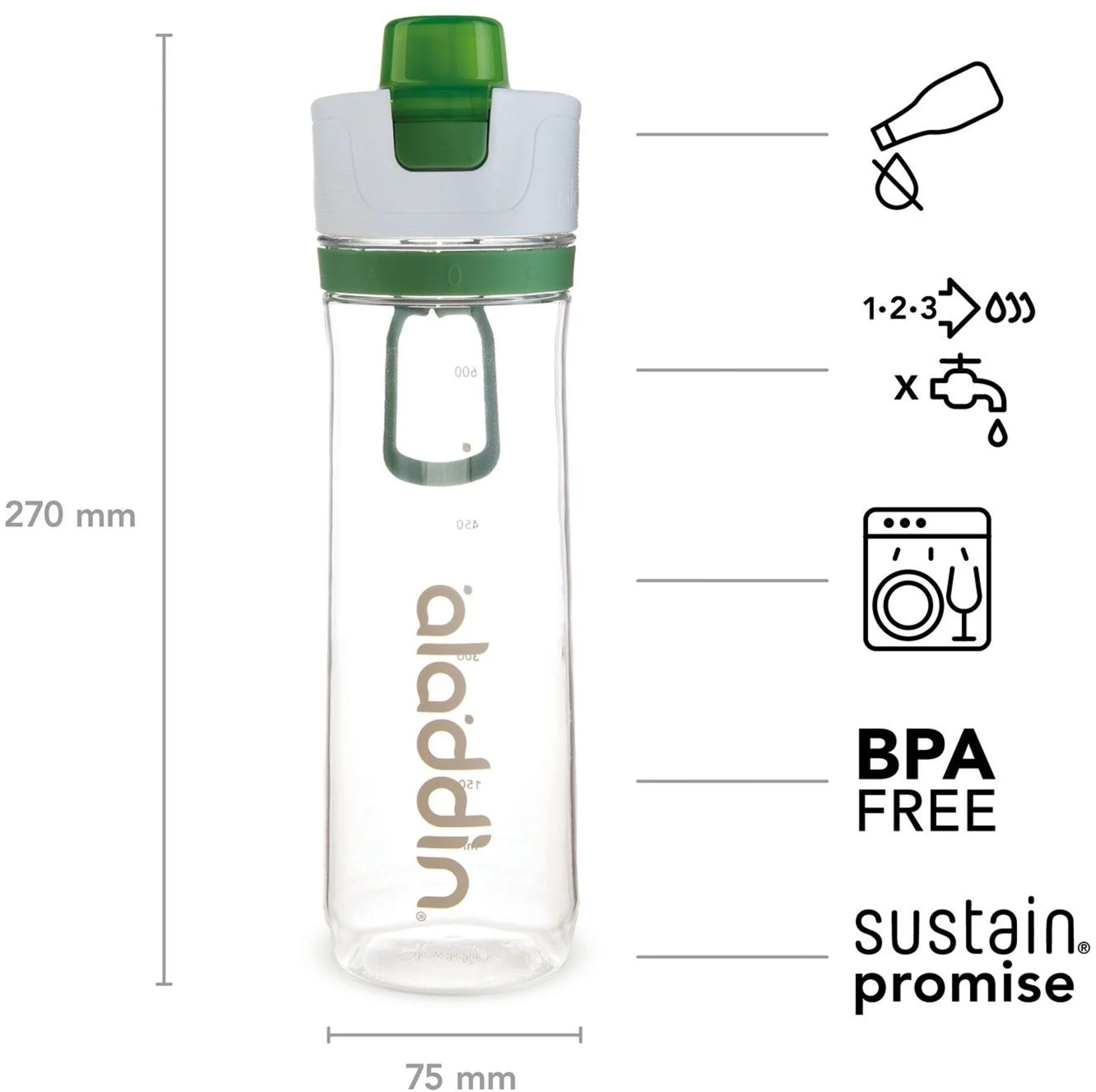 Aladdin Active Hydration Tracker Trinkflasche 0,8 Liter Grün
