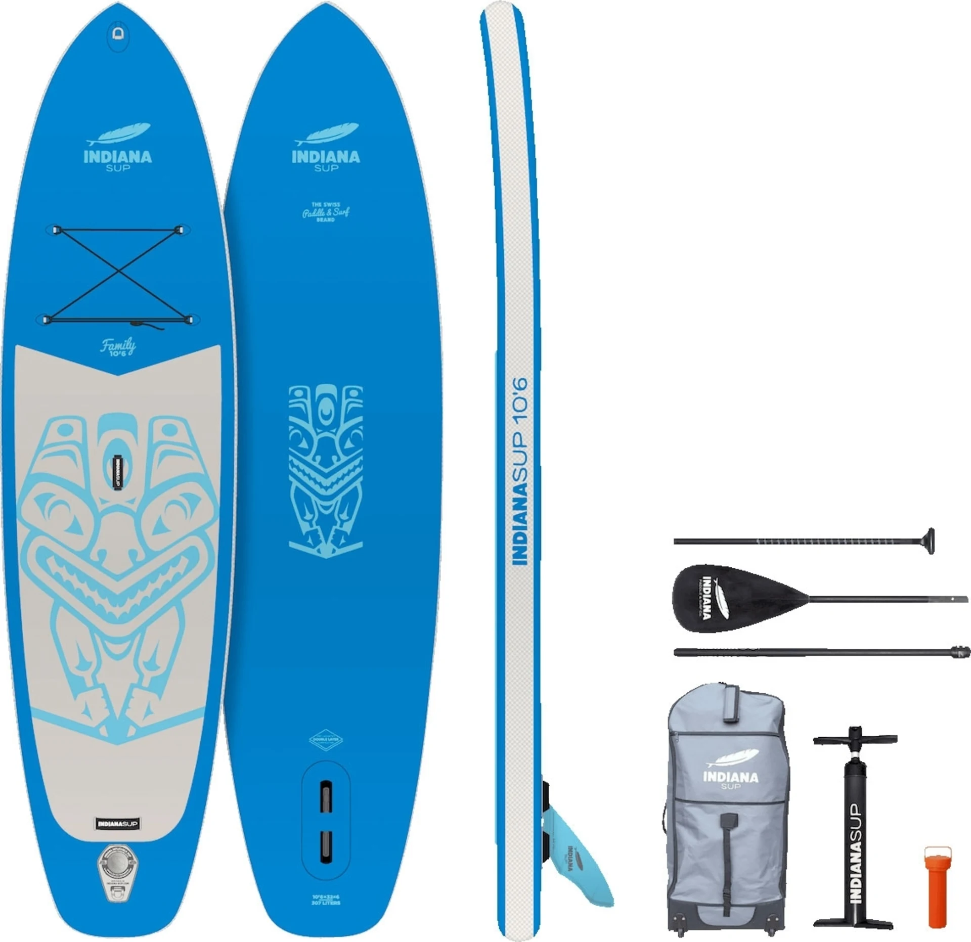 Indiana 10'6 Family Pack aufblasbares Stand Up Paddling-Board inkl. Paddel und Luftpumpe Blau