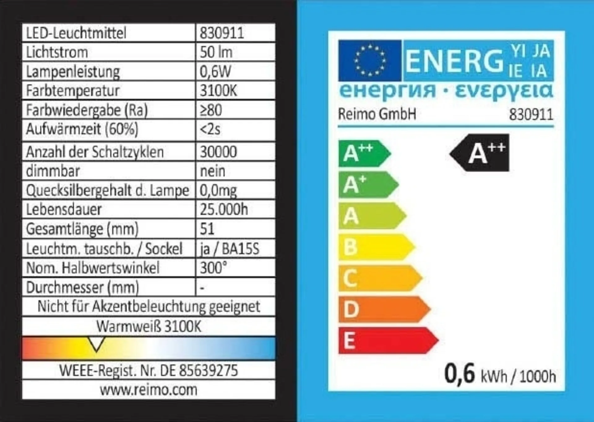 LED BA15S, 0,6W, 50 lumens, 16 SMD blanc chaud