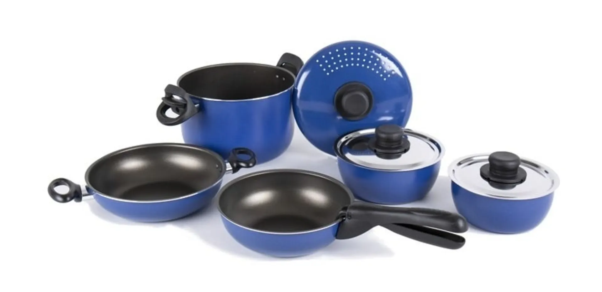 Batterie de cuisine de camping Camp4 en aluminium avec revêtement antiadhésif - 9 pièces en bleu/noir