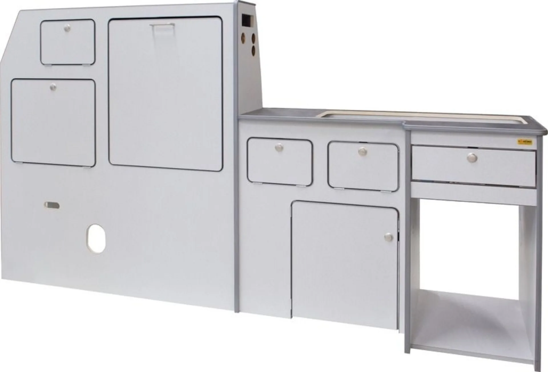 Möbelzeile für VW T6/T5 Sportcamper - Granitto Dekor mit Schwenktischanlage (kurzer Radstand, ohne Technikpaket)