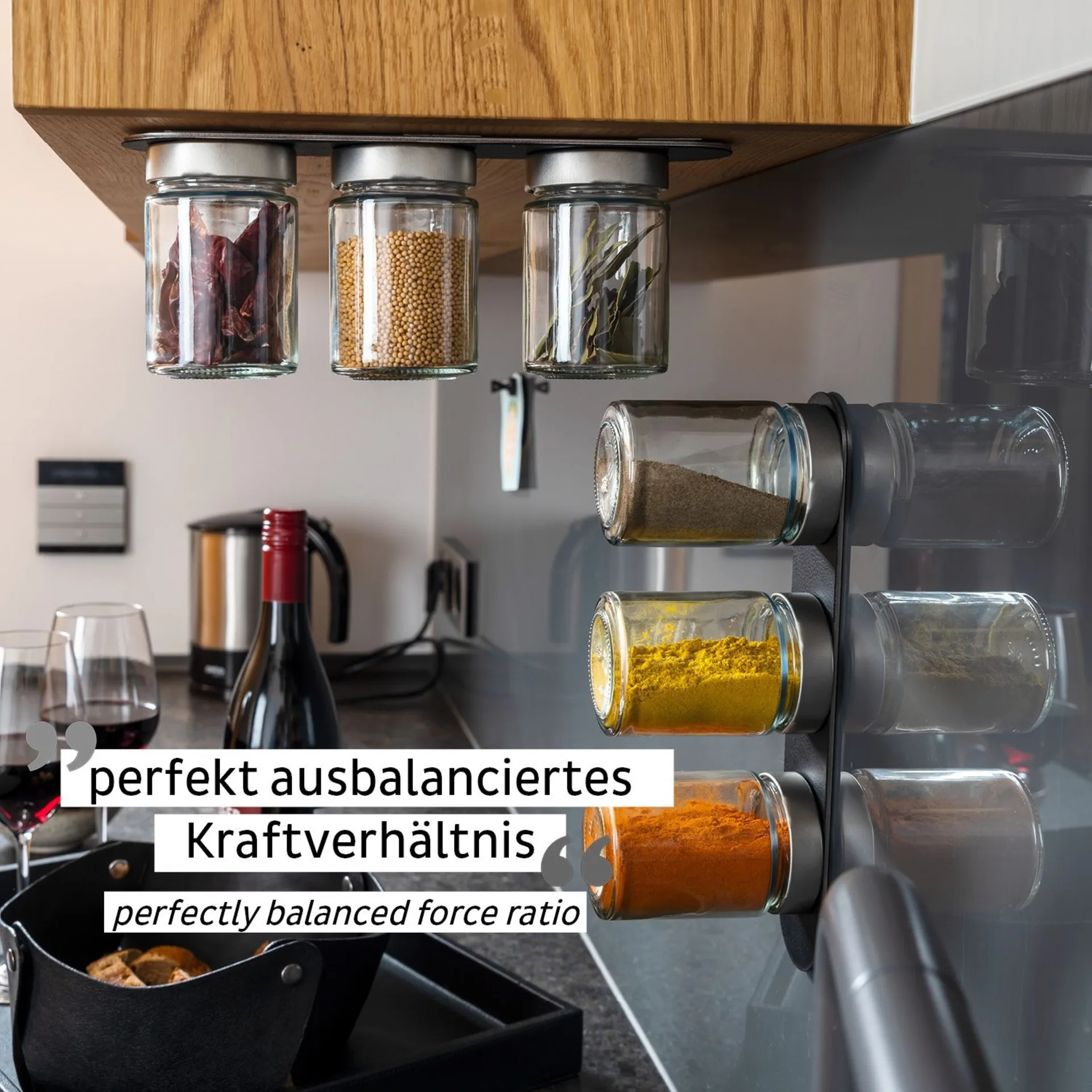 silwy® Feinkost-Magnetgläser 3er-Set Black Classy inkl. Metallleiste (192 ml)