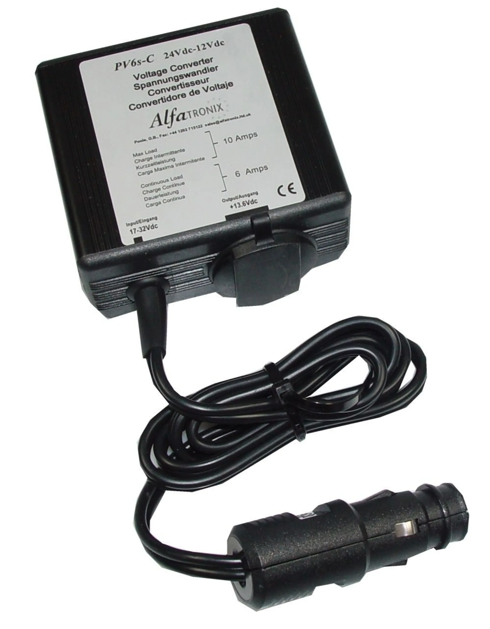 Alfatronix Spannungswandler 24V->12V 6A 90x87x42mm, mit Zig.-Anz.Stecker und Dose