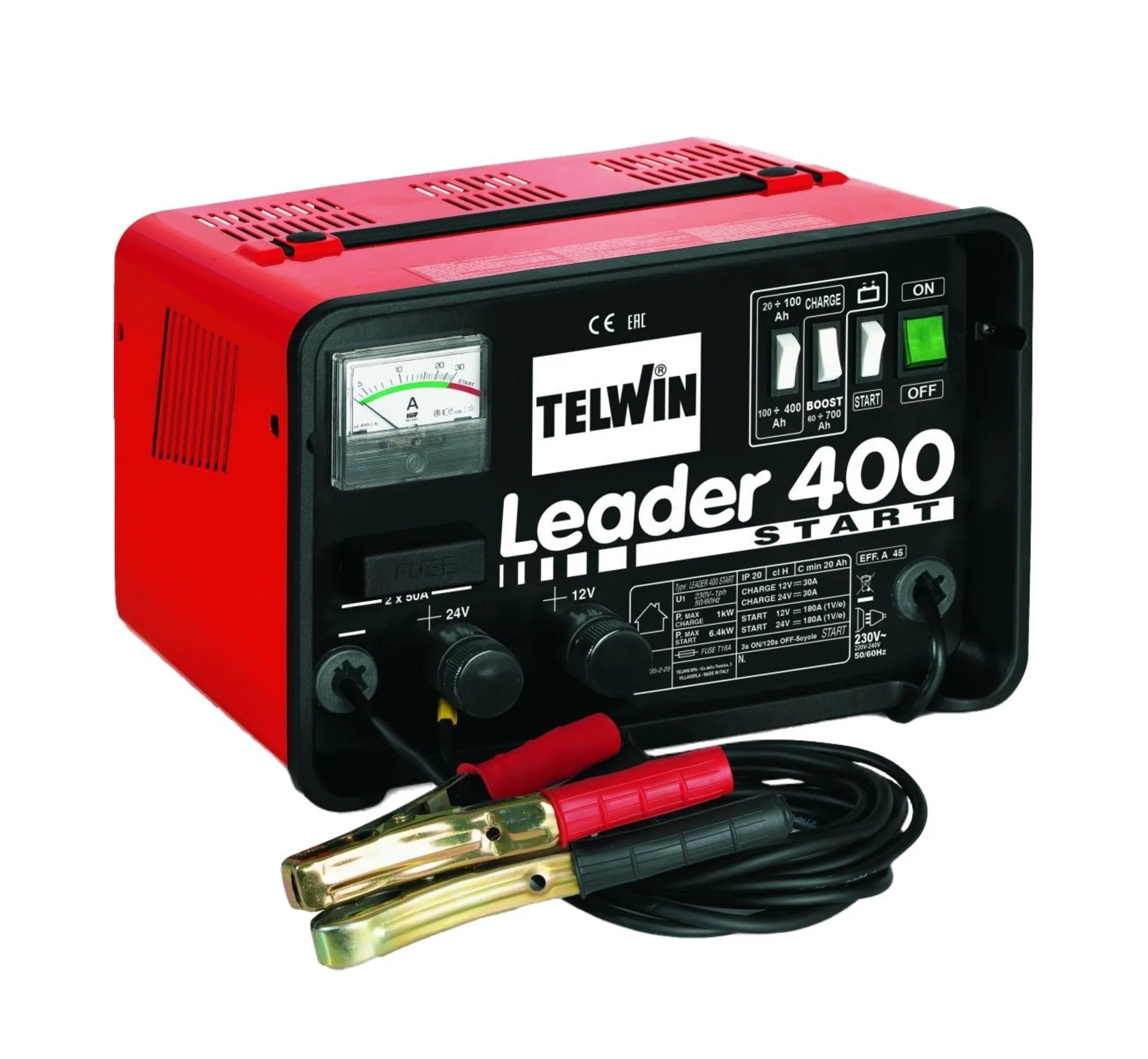 Telwin - Chargeur de batterie + démarreur Leader 400 Start 12 / 24 V 265 x 345 x 230 mm, IP20, pour batteries à électrolyte liquide