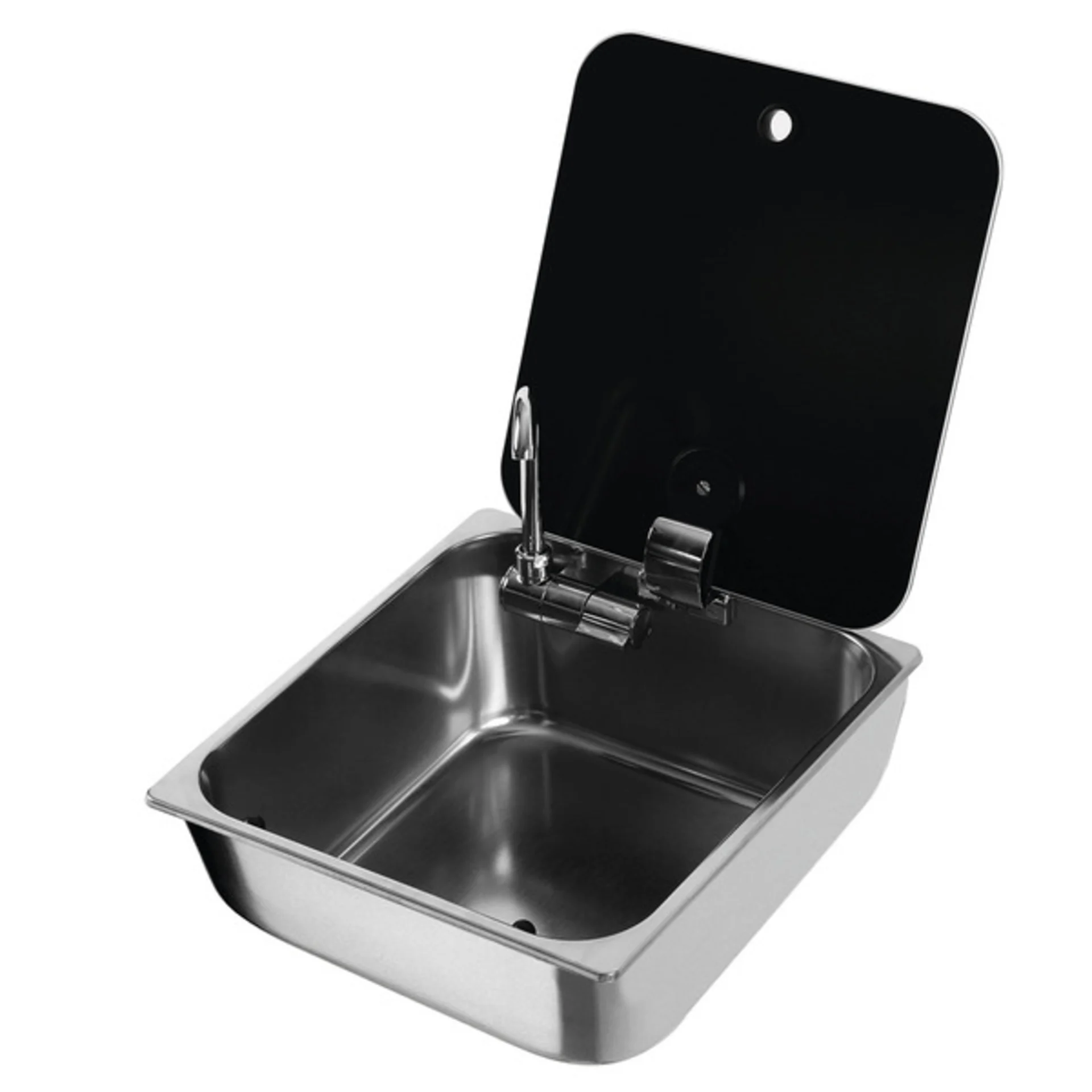 Lavabo carré en acier inoxydable avec couvercle en verre