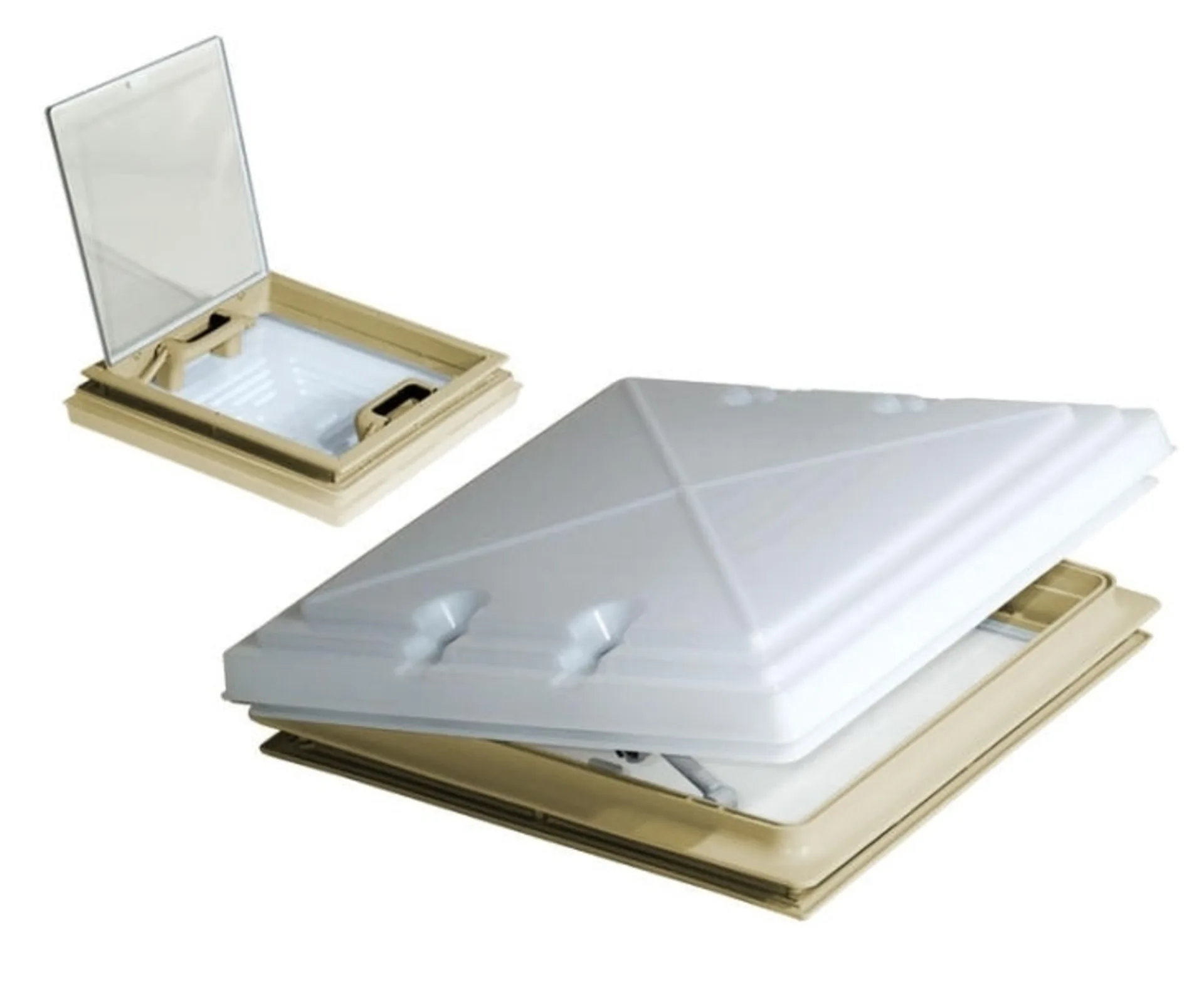 Dachhaube Modell 42 400 x 400 mm in Milchglas-Optik mit Moskitonetz - Innenrahmen Beige Dachhaube Modell 42 400 x 400 mm in Milchglas-Optik mit Moskitonetz - Innenrahmen Beige