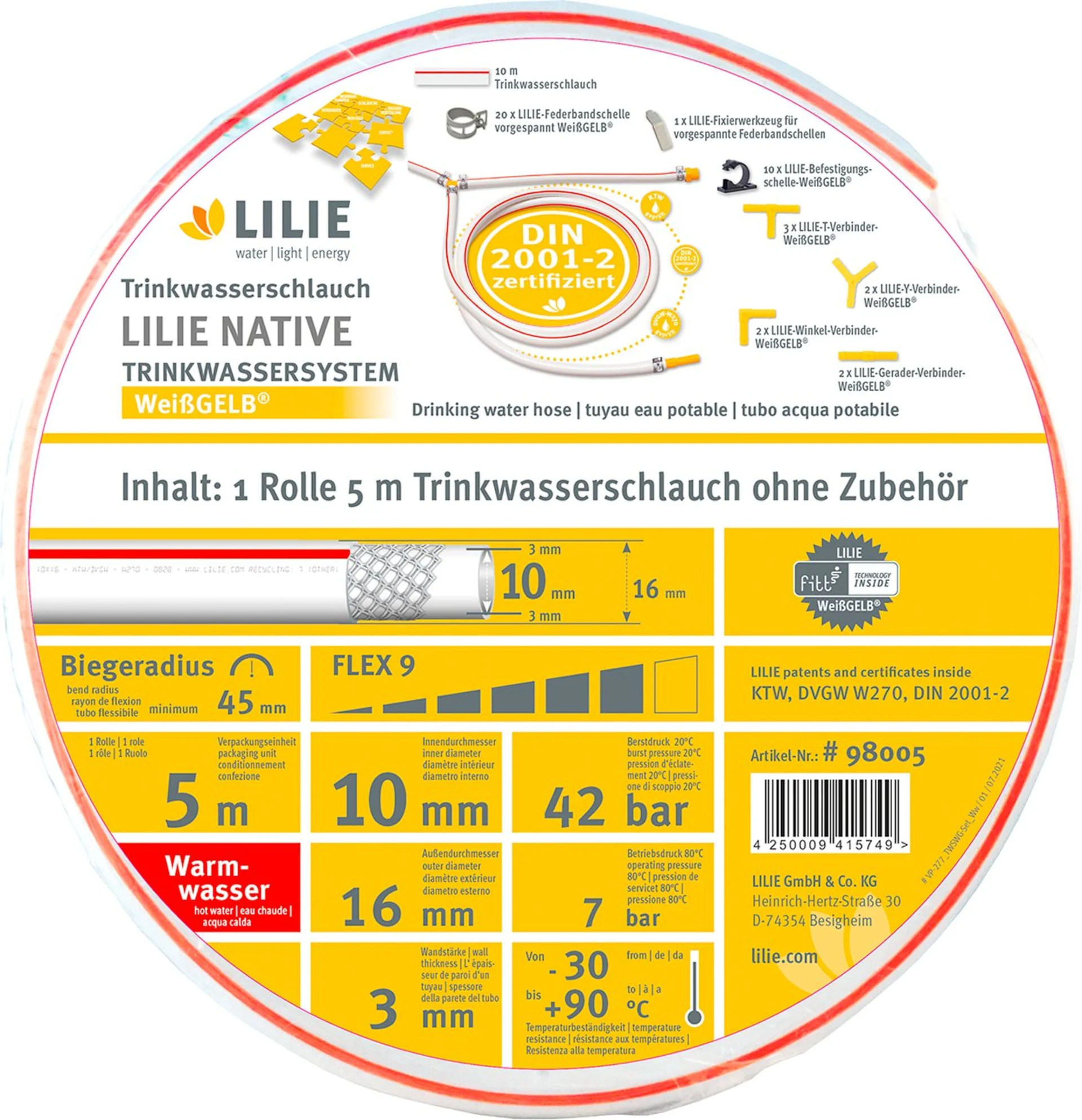 Lilie Native Trinkwasserschlauch für Warmwasser 10x16 mm (5 Meter)