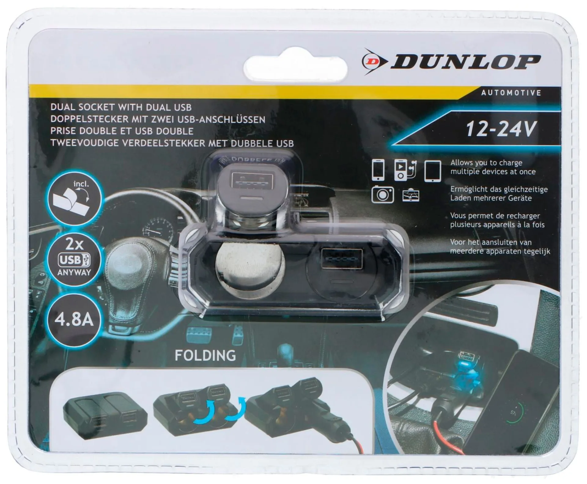 Prise Dunlop double 12/24 V avec 2 x USB