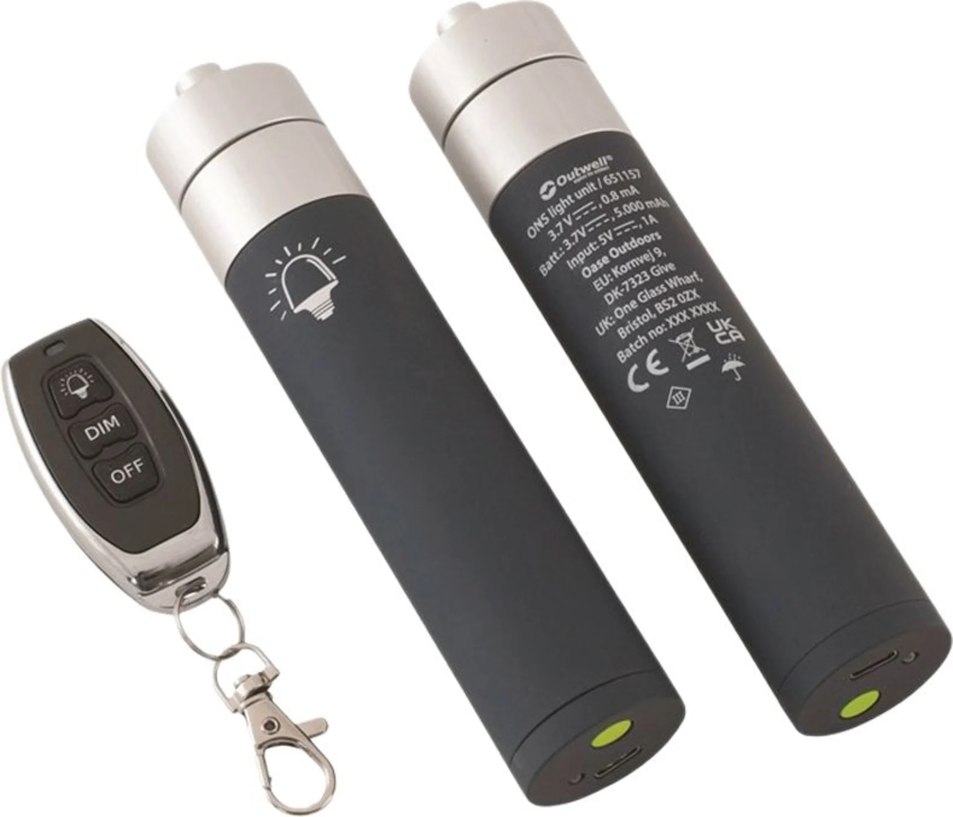 Kit d'éclairage Outwell Nightlight System comprenant 2 batteries rechargeables et une télécommande pour les lampes LED des tentes et des auvents Kit d'éclairage Outwell Nightlight System comprenant 2 batteries rechargeables et une télécommande pour les lampes LED des tentes et des auvents