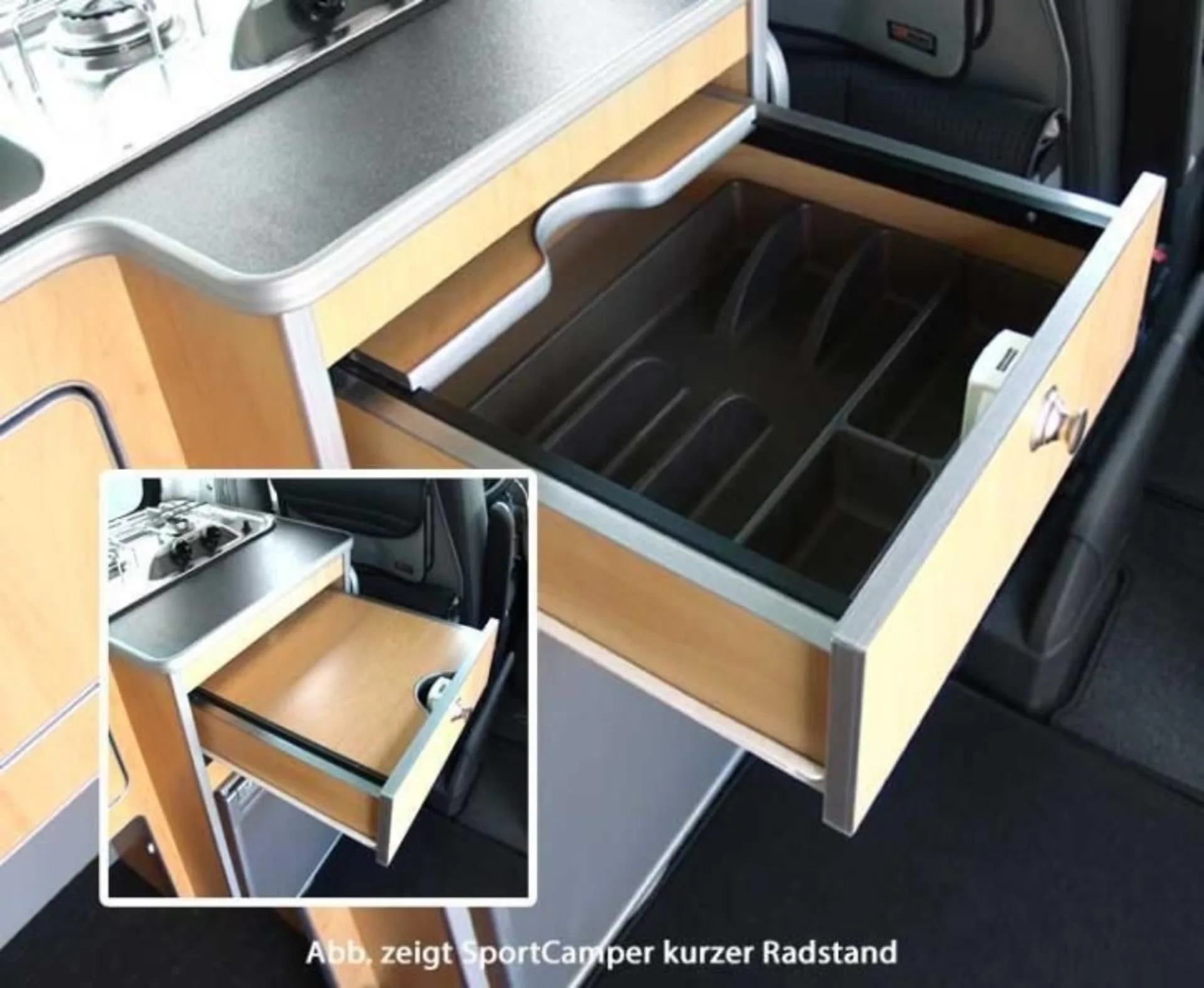 Möbelzeile für VW T6/T5 langer Radstand Sportcamper in Holzdekor Apfel Schichtstoff mit eingebauter Technik