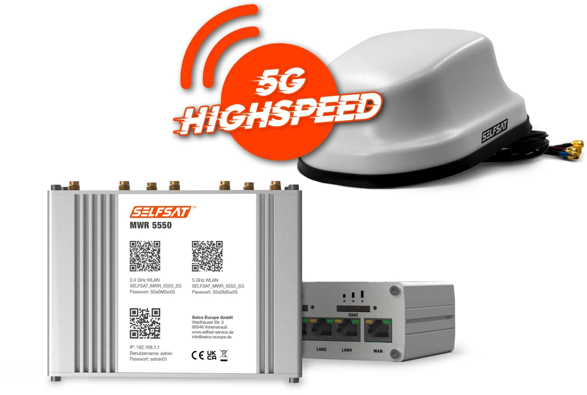 Kit complet de routeur Internet Selfsat 4G / LTE / 5G & Wi-Fi MWR 5550 jusqu'à 3,3 Gbps, avec antenne de toit 5G blanche