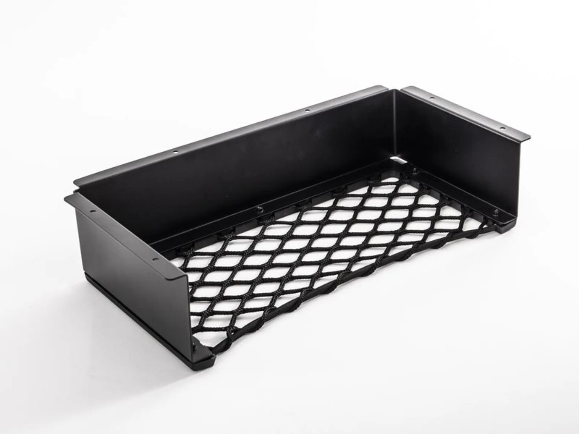 Schwarzes Ablagefach mit Aluminiumrahmen und elastischem Netz