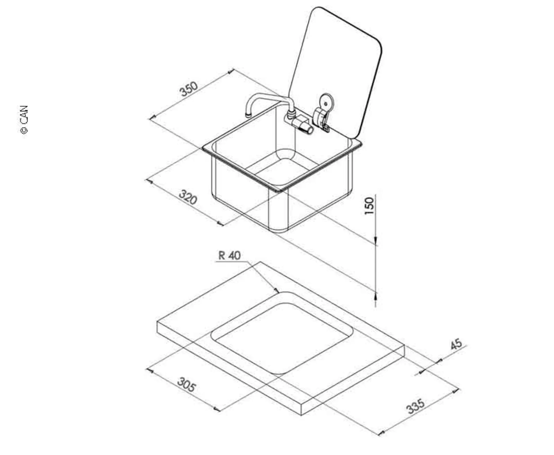 Lavabo carré en acier inoxydable avec couvercle en verre