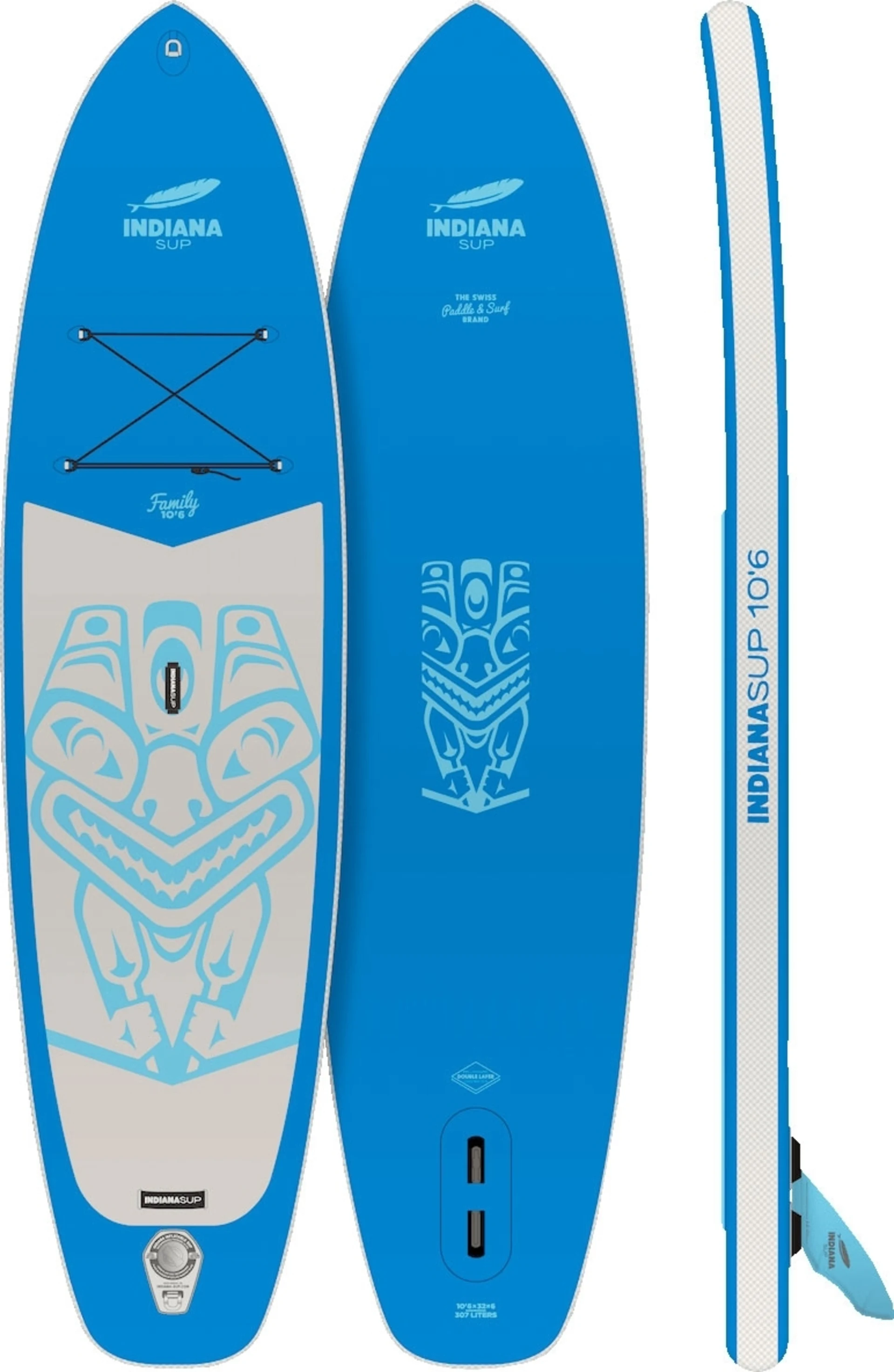 Indiana 10'6 Family Pack aufblasbares Stand Up Paddling-Board inkl. Paddel und Luftpumpe Blau