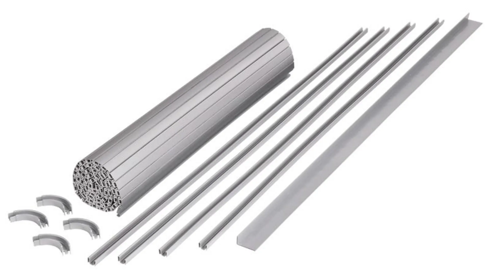 Kit complet de porte à enroulement Carbest en gris avec kit de volet roulant, y compris les lamelles, les rails, les courbes et la cornière