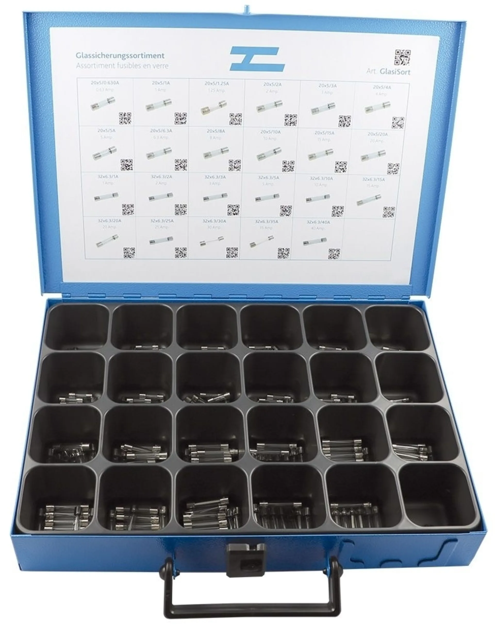 Glassicherungs-Sortiment 20x5 + 32x6.3mm 230 Sicherungen von 1 bis 40 A. assort.