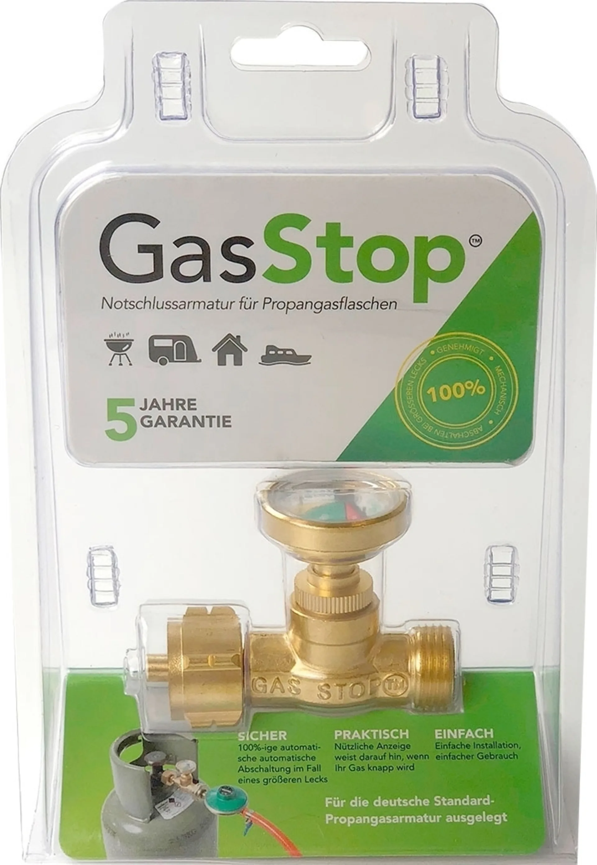 Armature d'arrêt d'urgence GasStop pour bouteilles de gaz propane